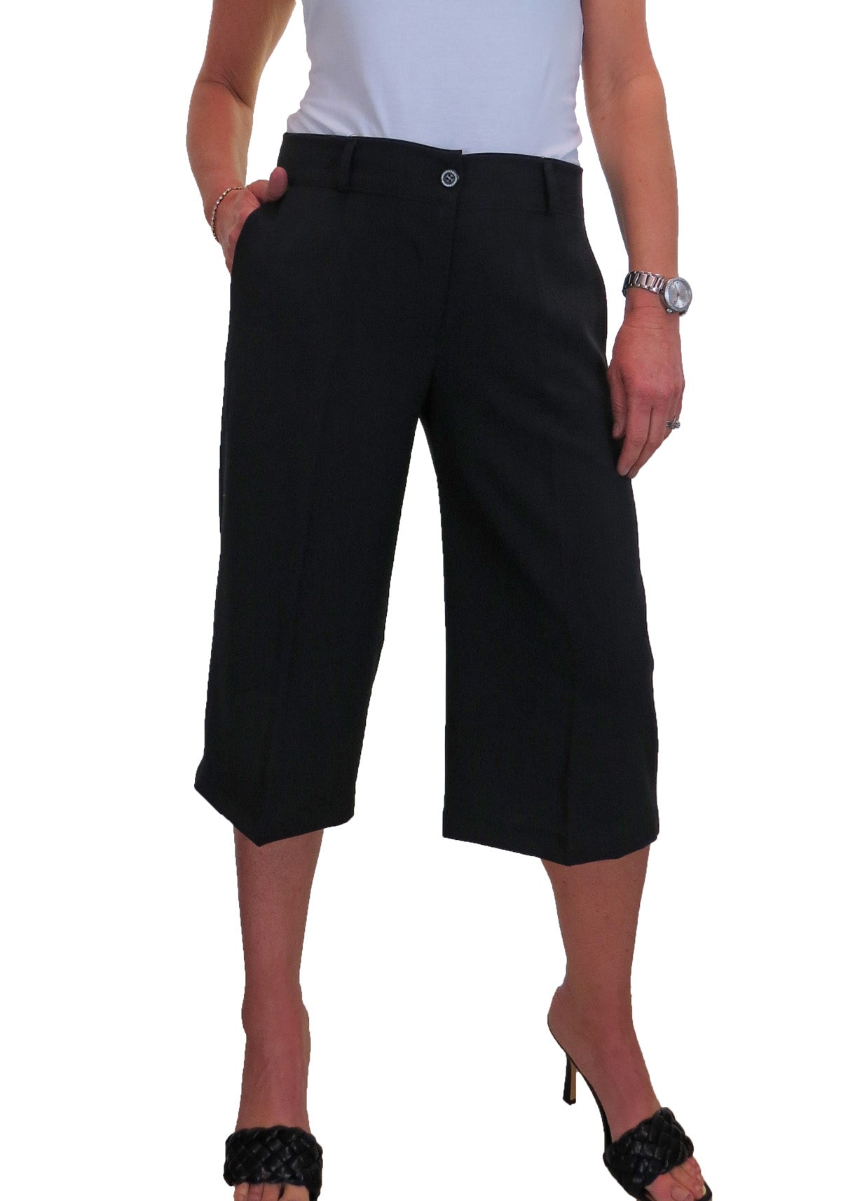 Ladies 3/4 Length Smart Culotte Trousers Black