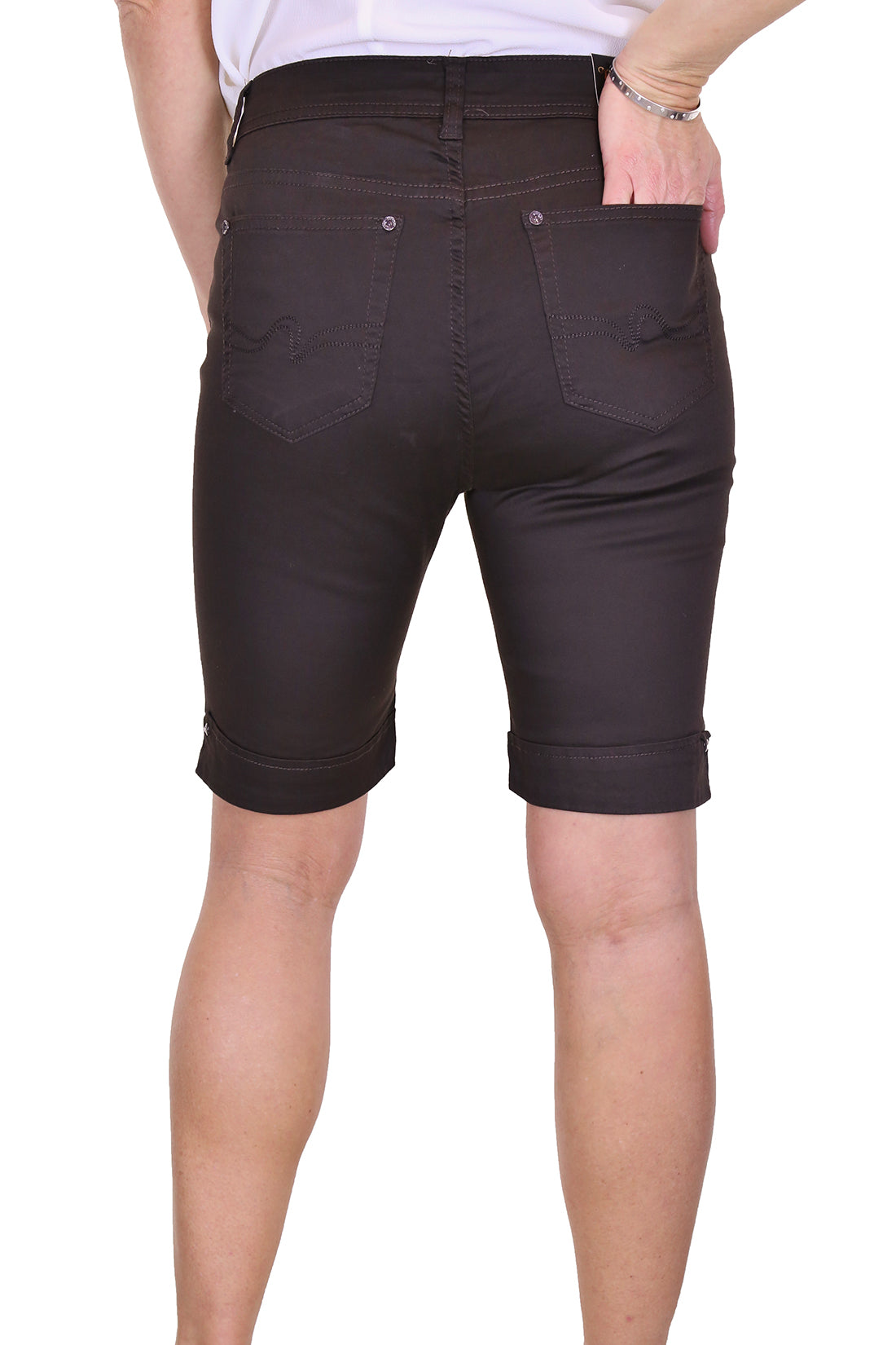 Stretch Diamante Cuff Chino Sheen Jeans Shorts Brown