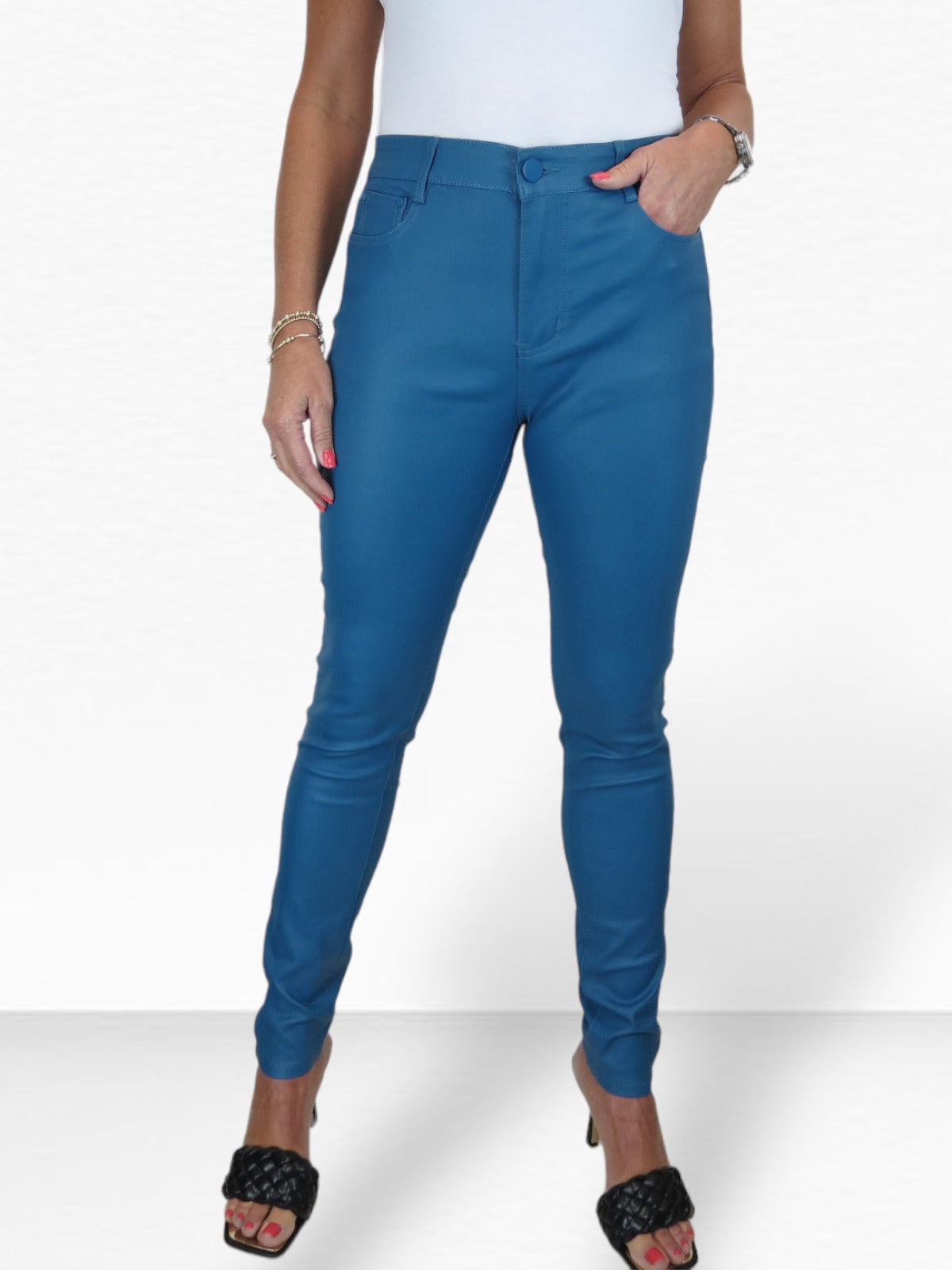 Womens High Waist Stretch Leather Look Jeans Air Force Blue