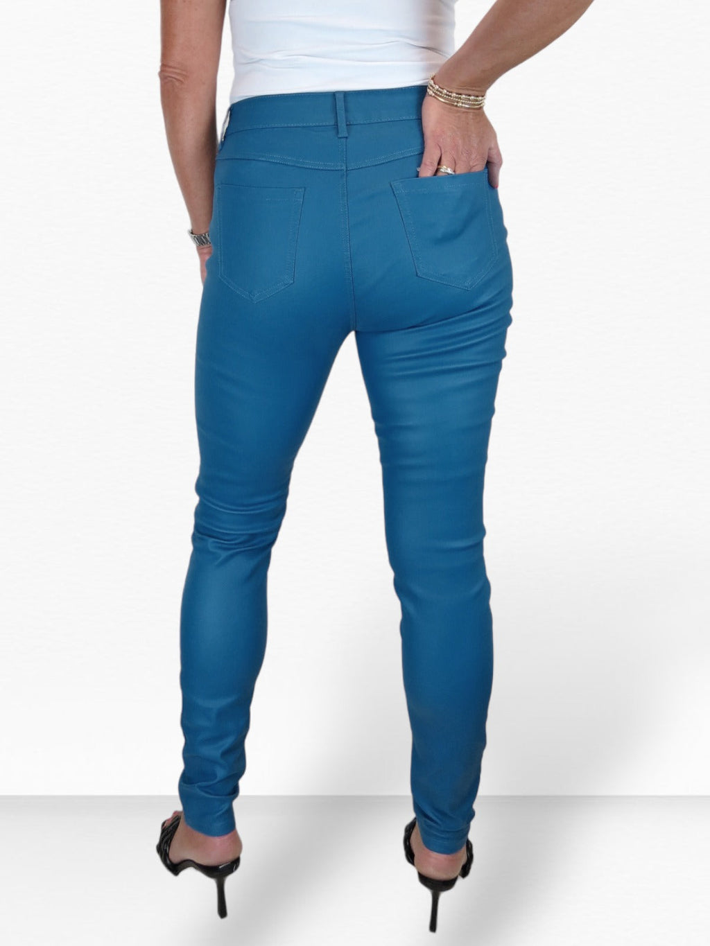 Womens High Waist Stretch Leather Look Jeans Air Force Blue