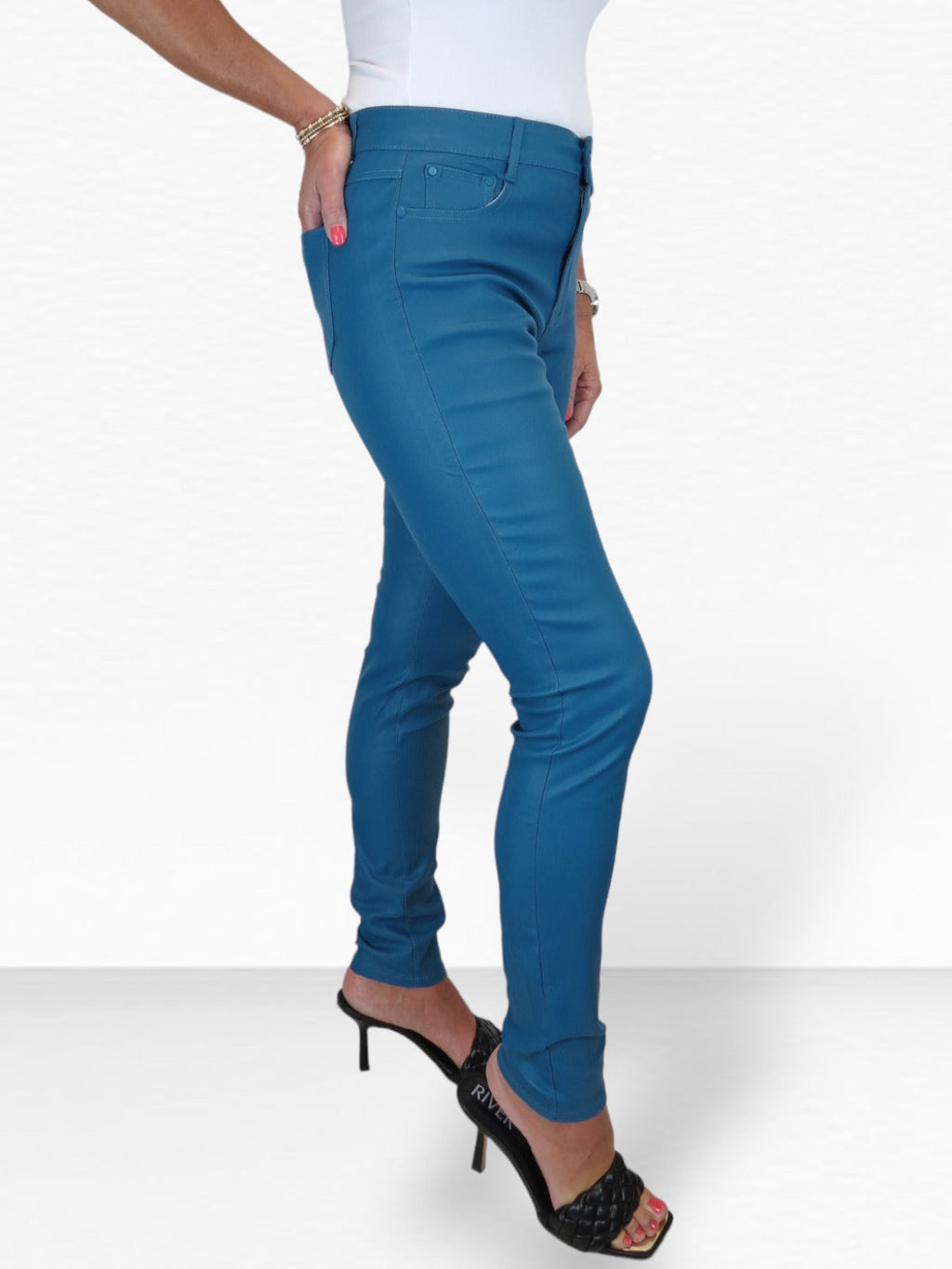 Womens High Waist Stretch Leather Look Jeans Air Force Blue