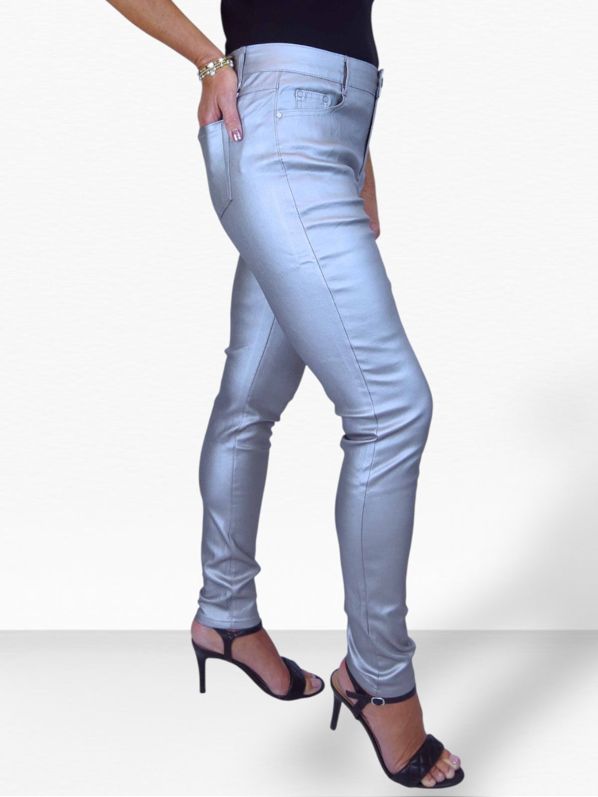 Womens High Waist Stretch Leather Look Jeans Silver