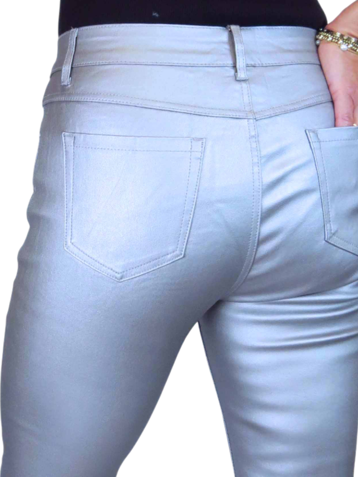 Womens High Waist Stretch Leather Look Jeans Silver