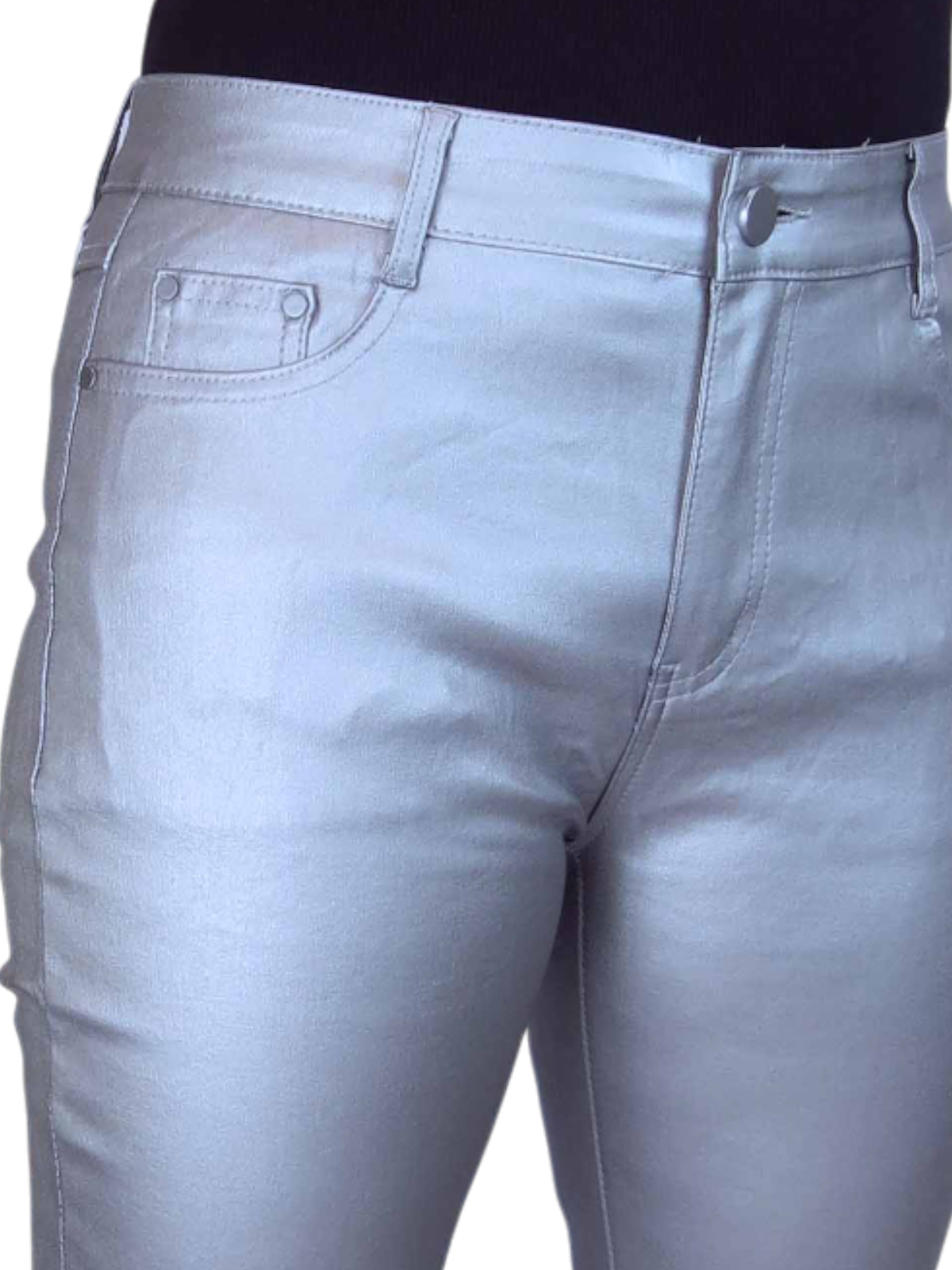 Womens High Waist Stretch Leather Look Jeans Silver