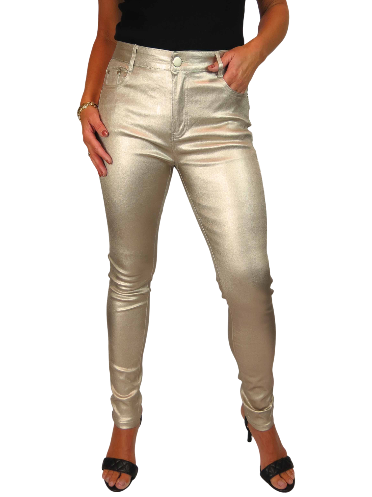 Womens High Waist Stretch Leather Look Jeans Gold