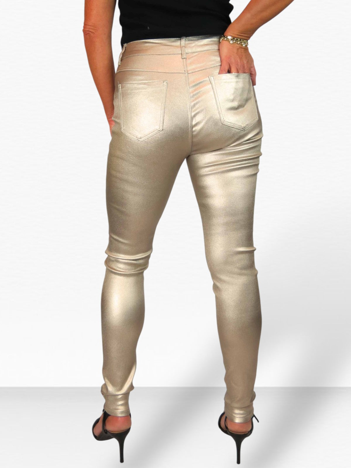 Womens High Waist Stretch Leather Look Jeans Gold