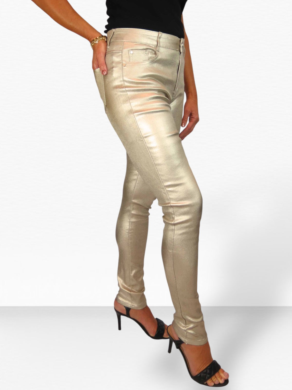 Womens High Waist Stretch Leather Look Jeans Gold