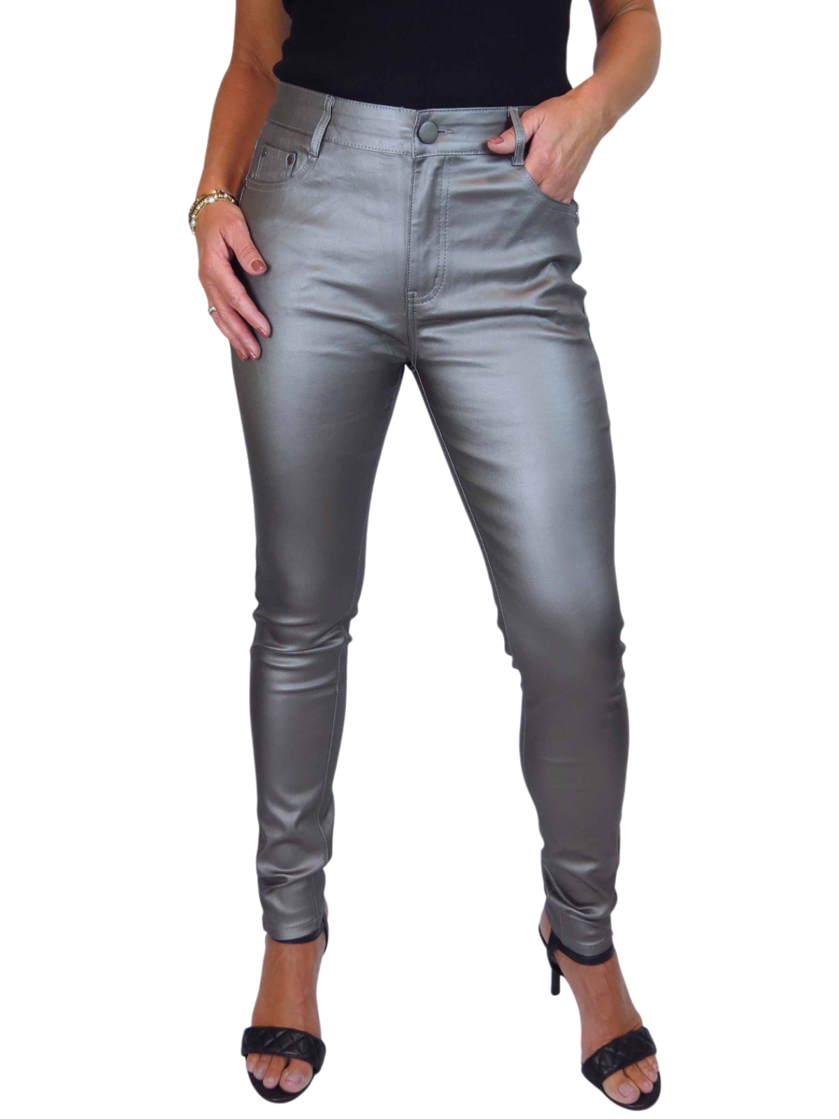 Womens High Waist Stretch Leather Look Jeans Pewter