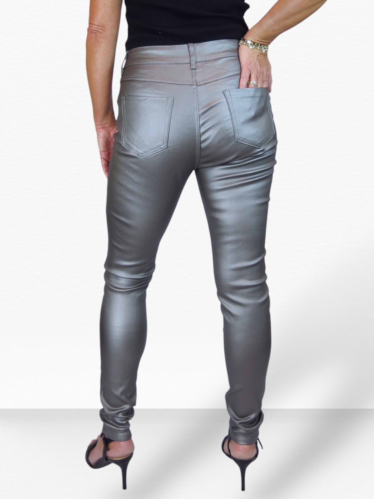 Womens High Waist Stretch Leather Look Jeans Pewter