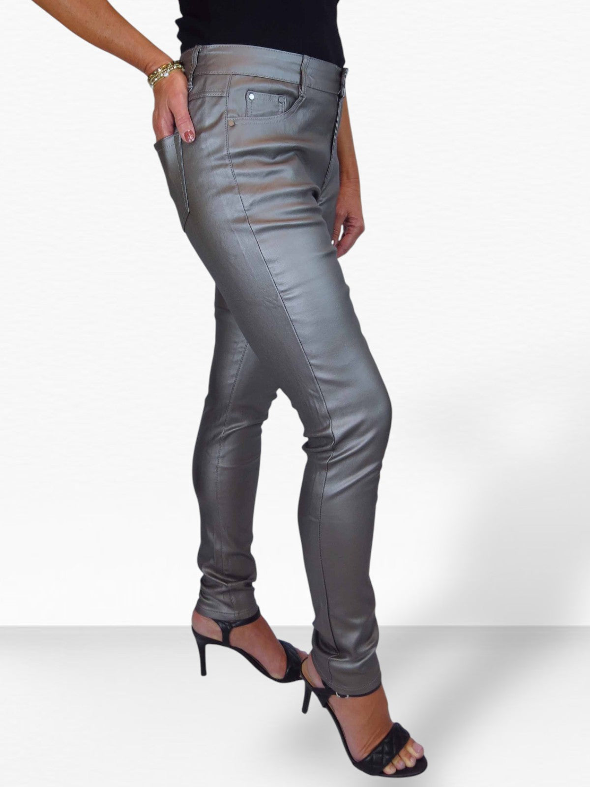Womens High Waist Stretch Leather Look Jeans Pewter