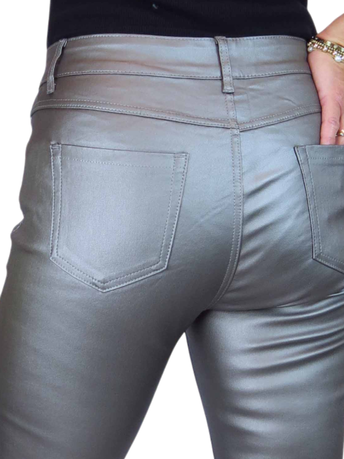 Womens High Waist Stretch Leather Look Jeans Pewter