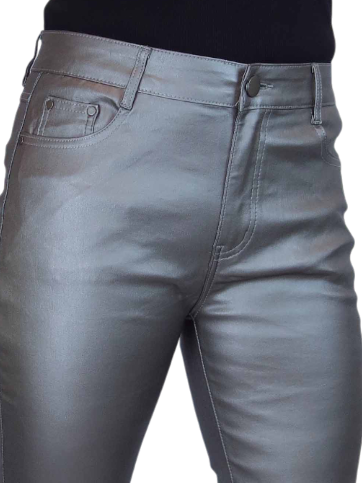 Womens High Waist Stretch Leather Look Jeans Pewter