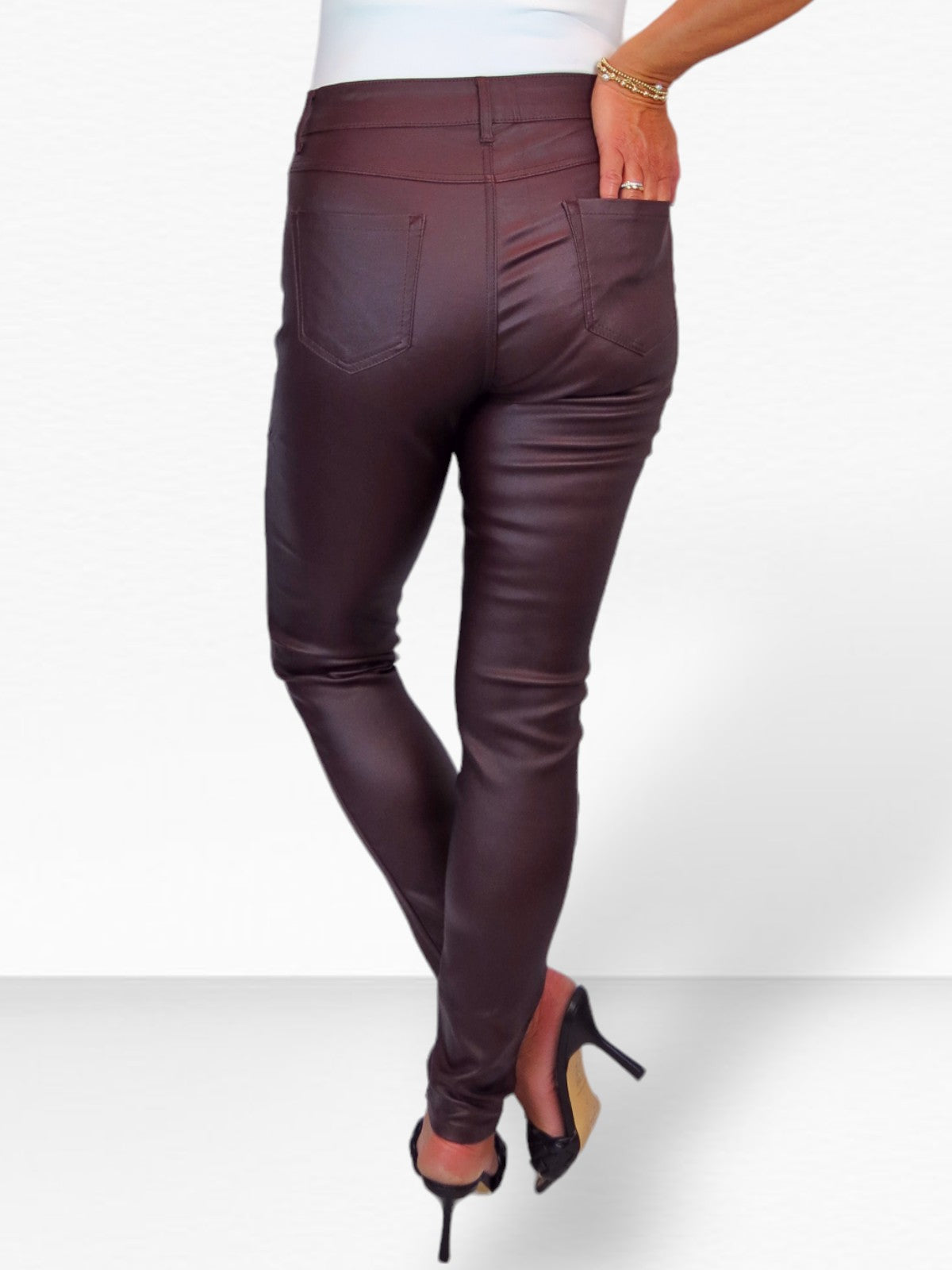 Womens High Waist Stretch Leather Look Jeans Wine Red