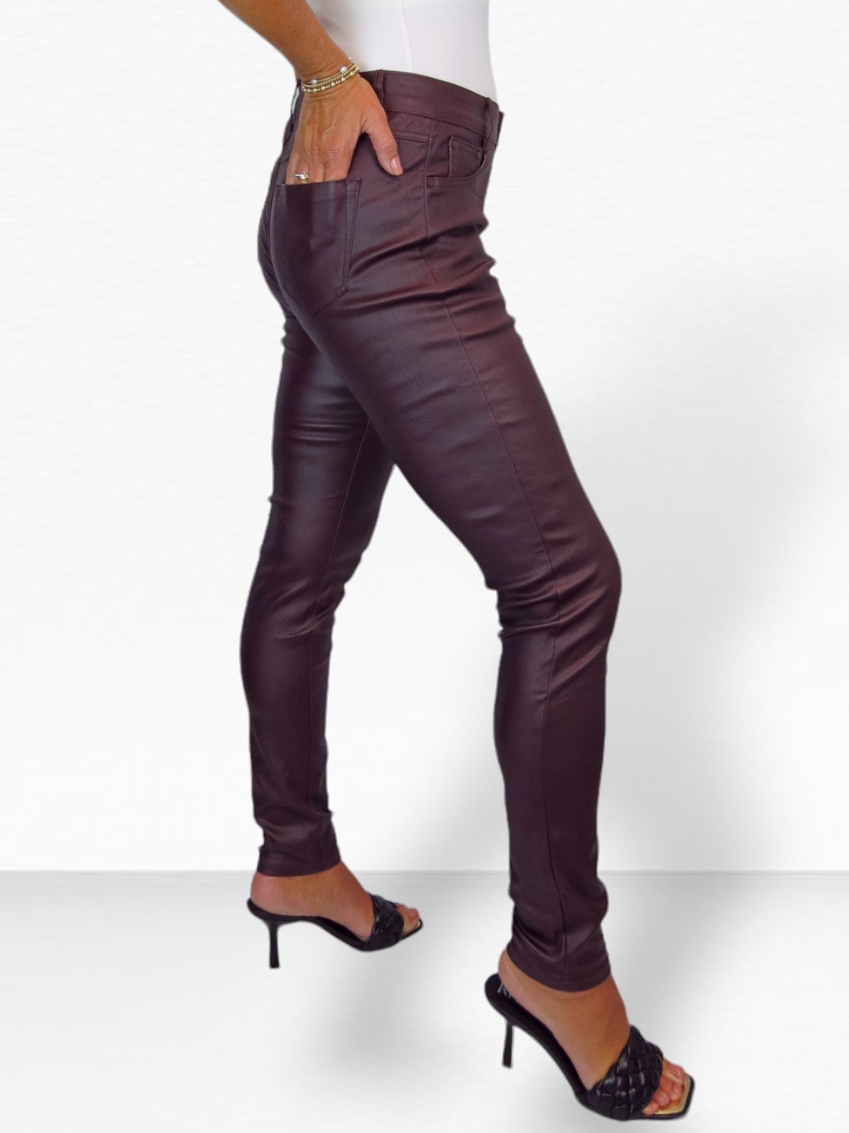 Womens High Waist Stretch Leather Look Jeans Wine Red