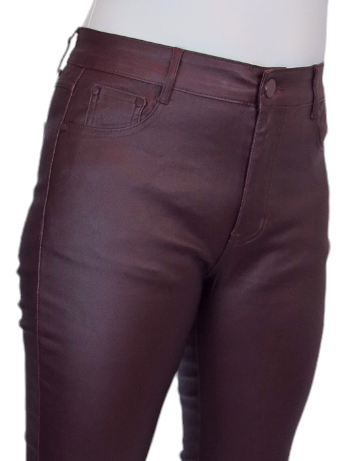 Womens High Waist Stretch Leather Look Jeans Wine Red