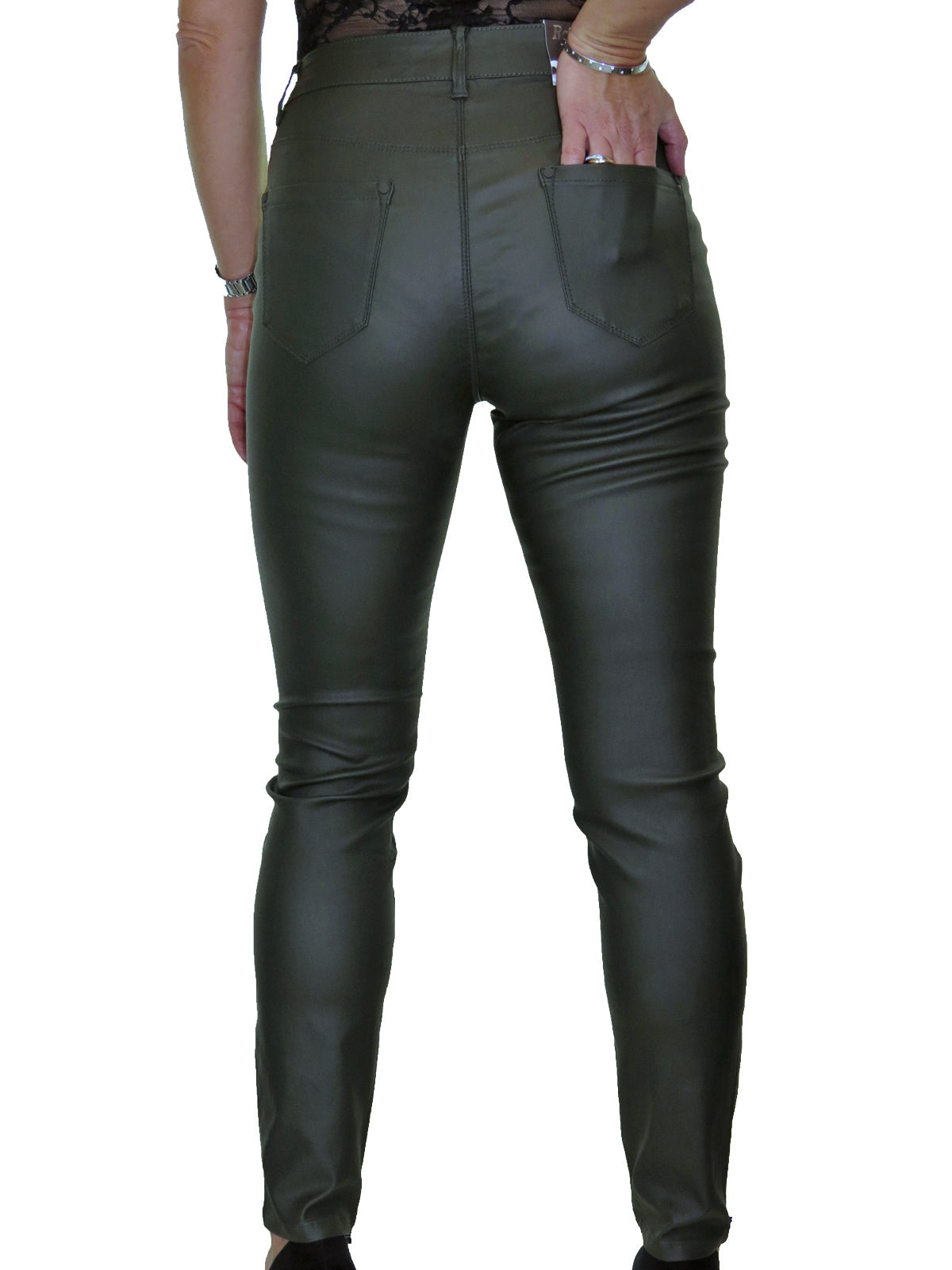 Womens High Waist Stretch Leather Look Jeans Olive Green