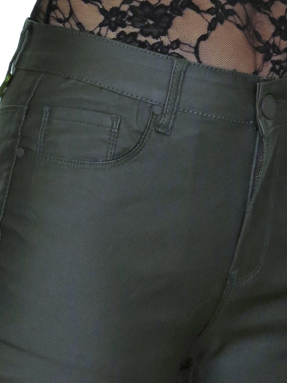 Womens High Waist Stretch Leather Look Jeans Olive Green