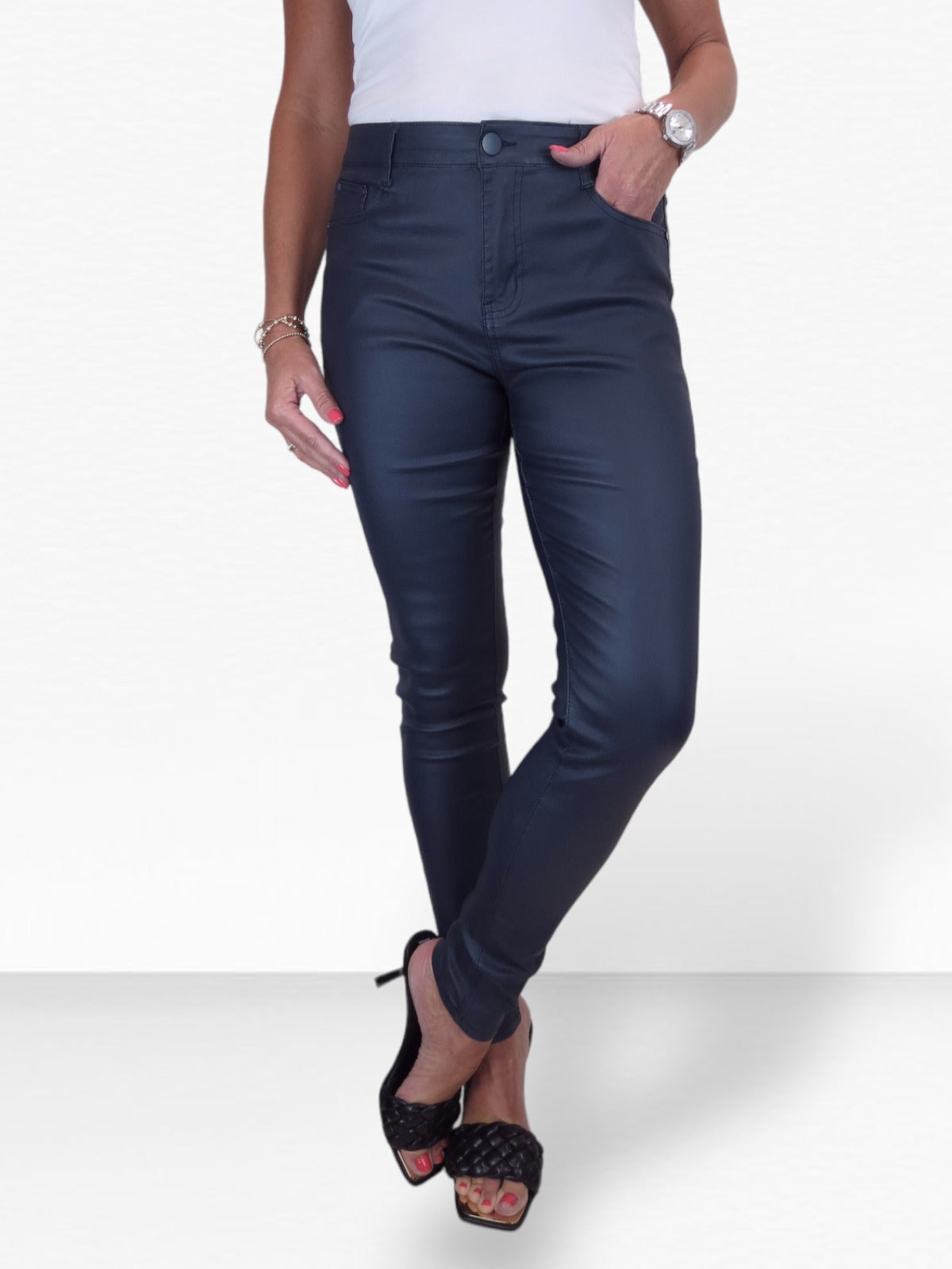 Womens High Waist Stretch Leather Look Jeans Navy Blue