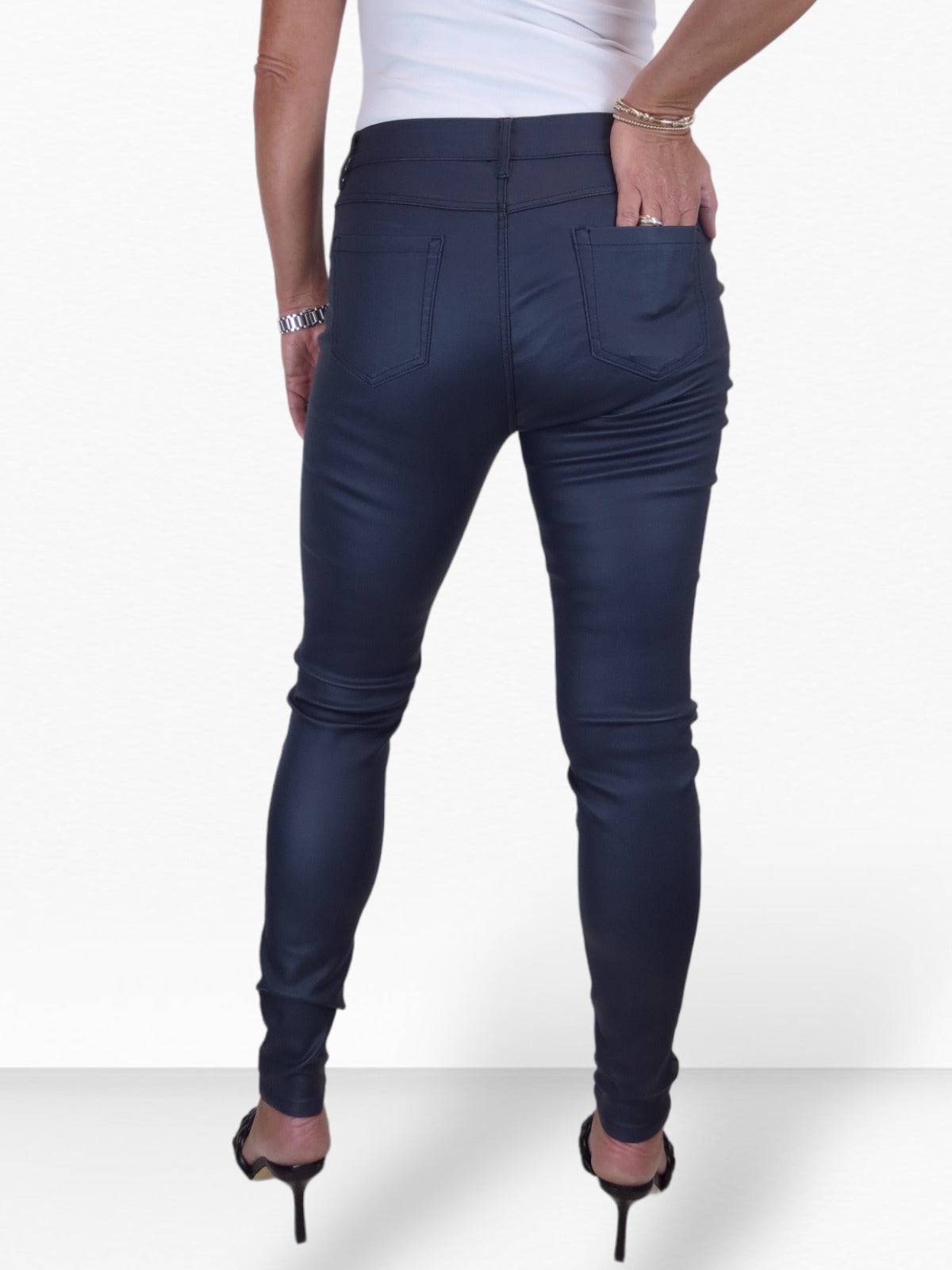 Womens High Waist Stretch Leather Look Jeans Navy Blue