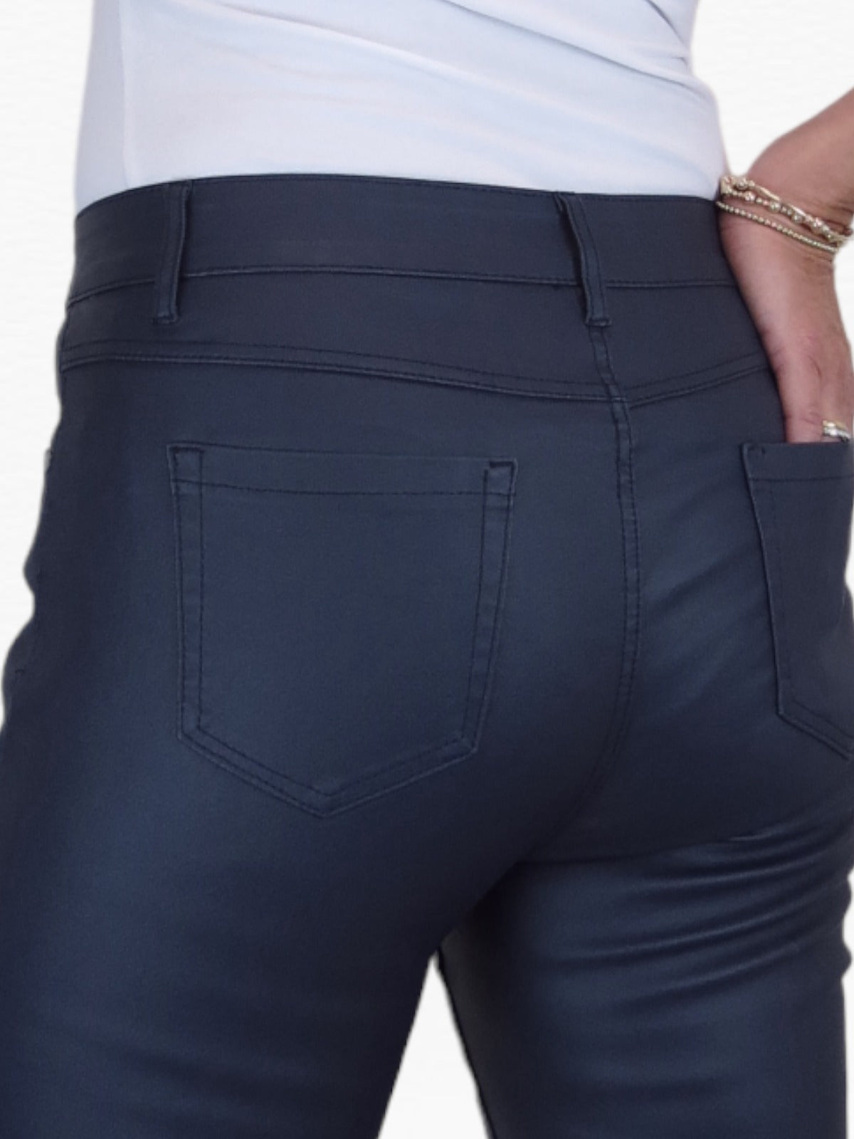 Womens High Waist Stretch Leather Look Jeans Navy Blue