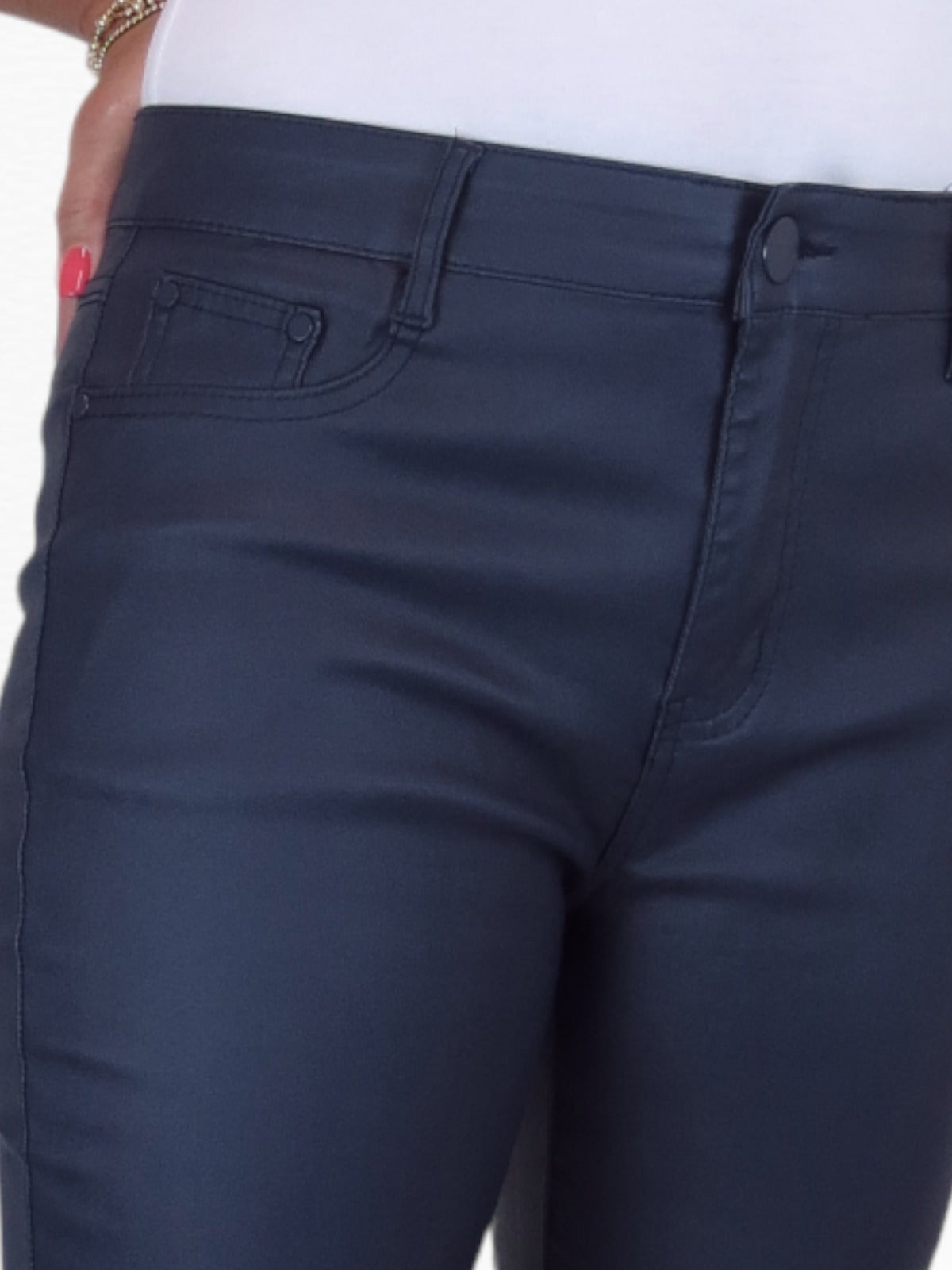 Womens High Waist Stretch Leather Look Jeans Navy Blue