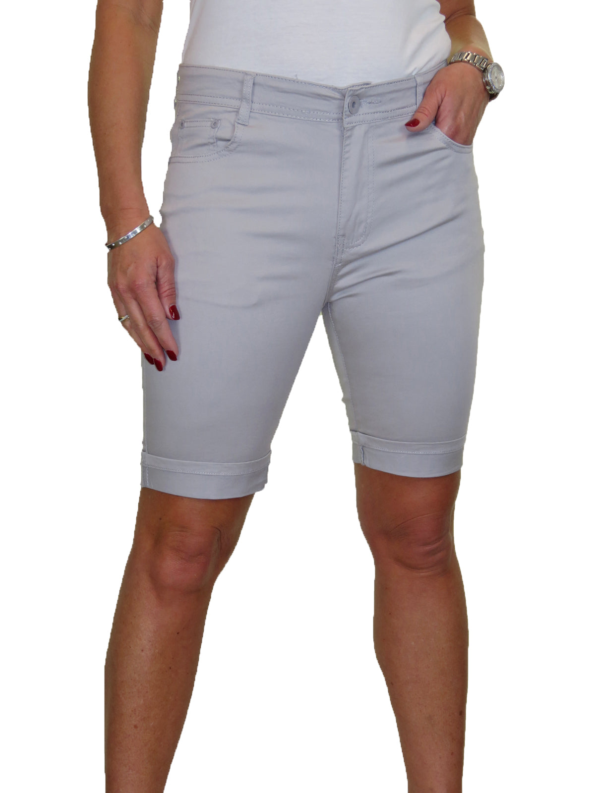 Stretch Chino Sheen Turn Up Cuff  Jeans Style Shorts Silver Grey