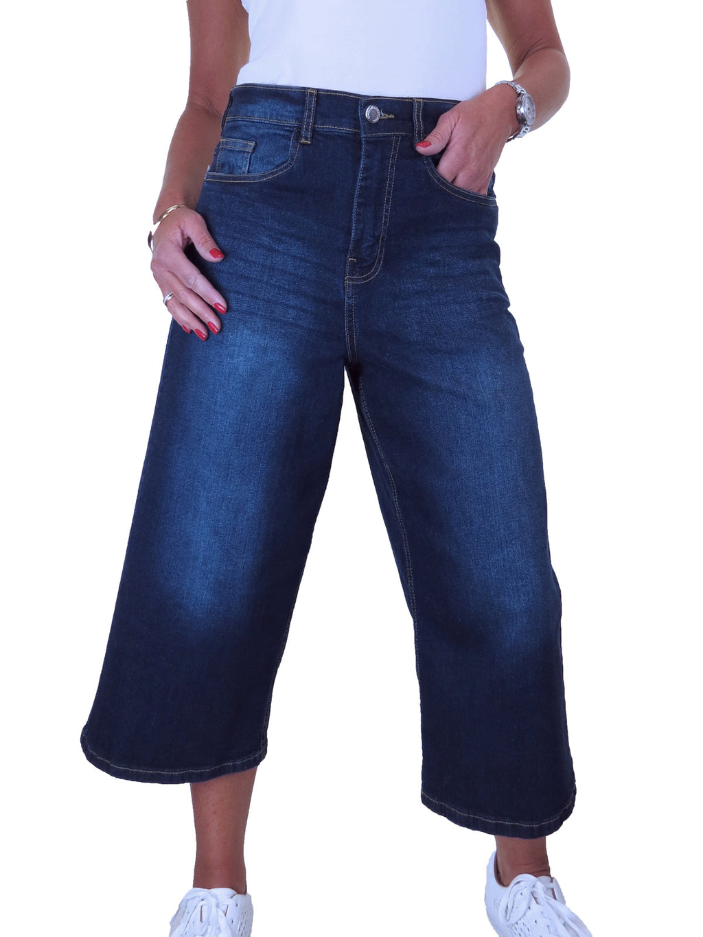 Women's High Waist Wide Leg Denim Culotte Jeans Dark Faded Blue