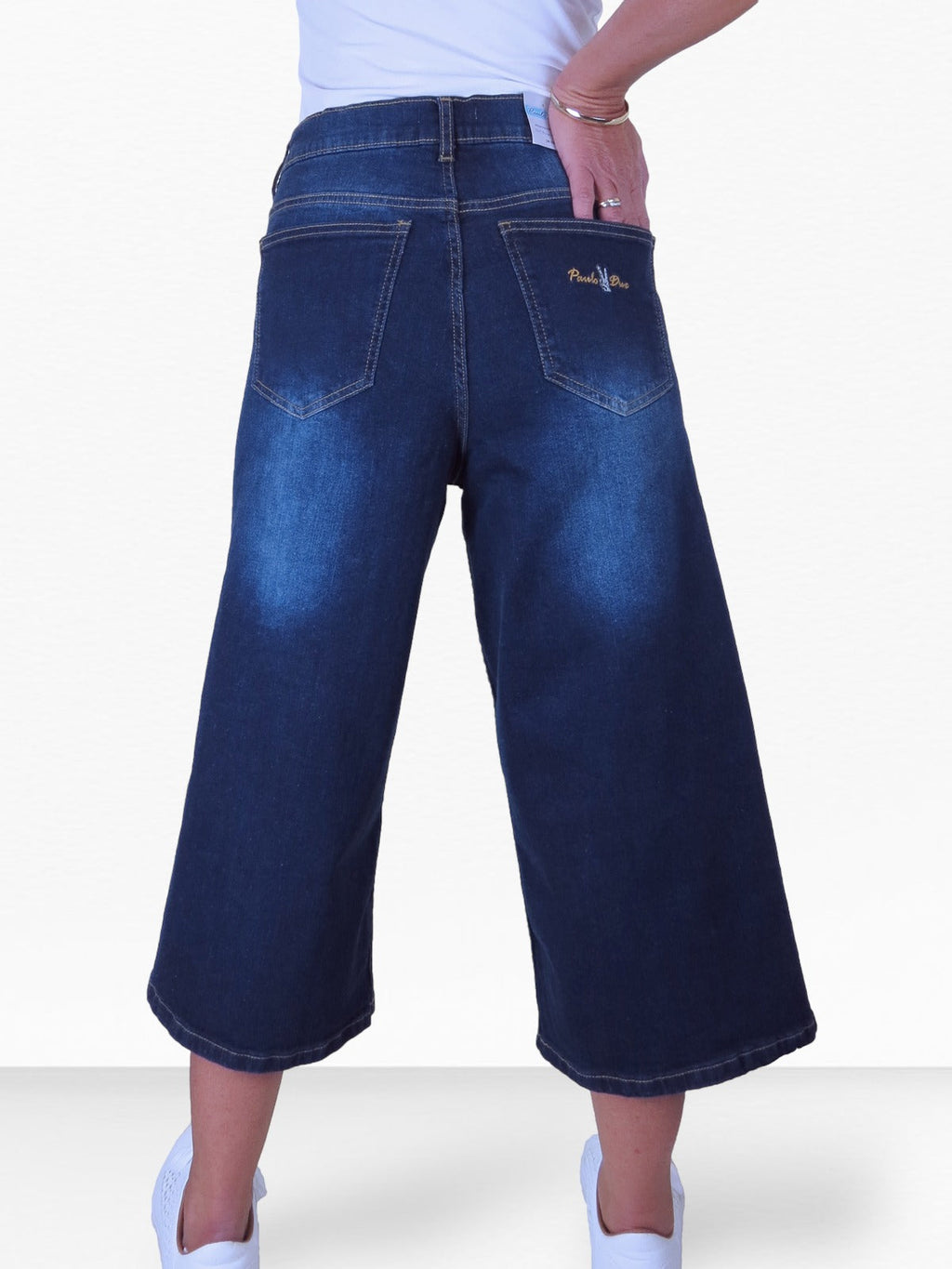 Women's High Waist Wide Leg Denim Culotte Jeans Dark Faded Blue