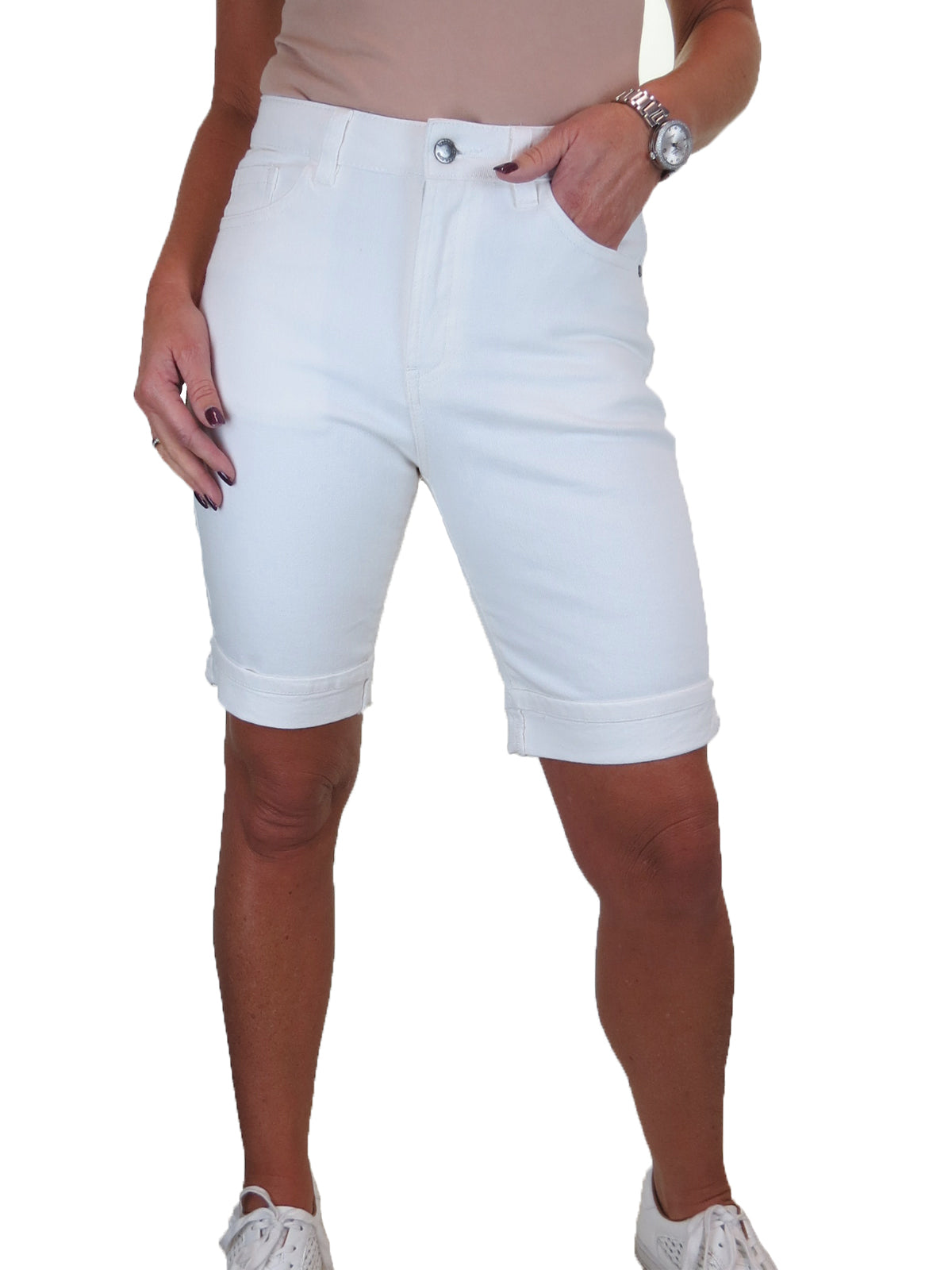 Women's High Waist Slim Denim Bermuda Denim Shorts White