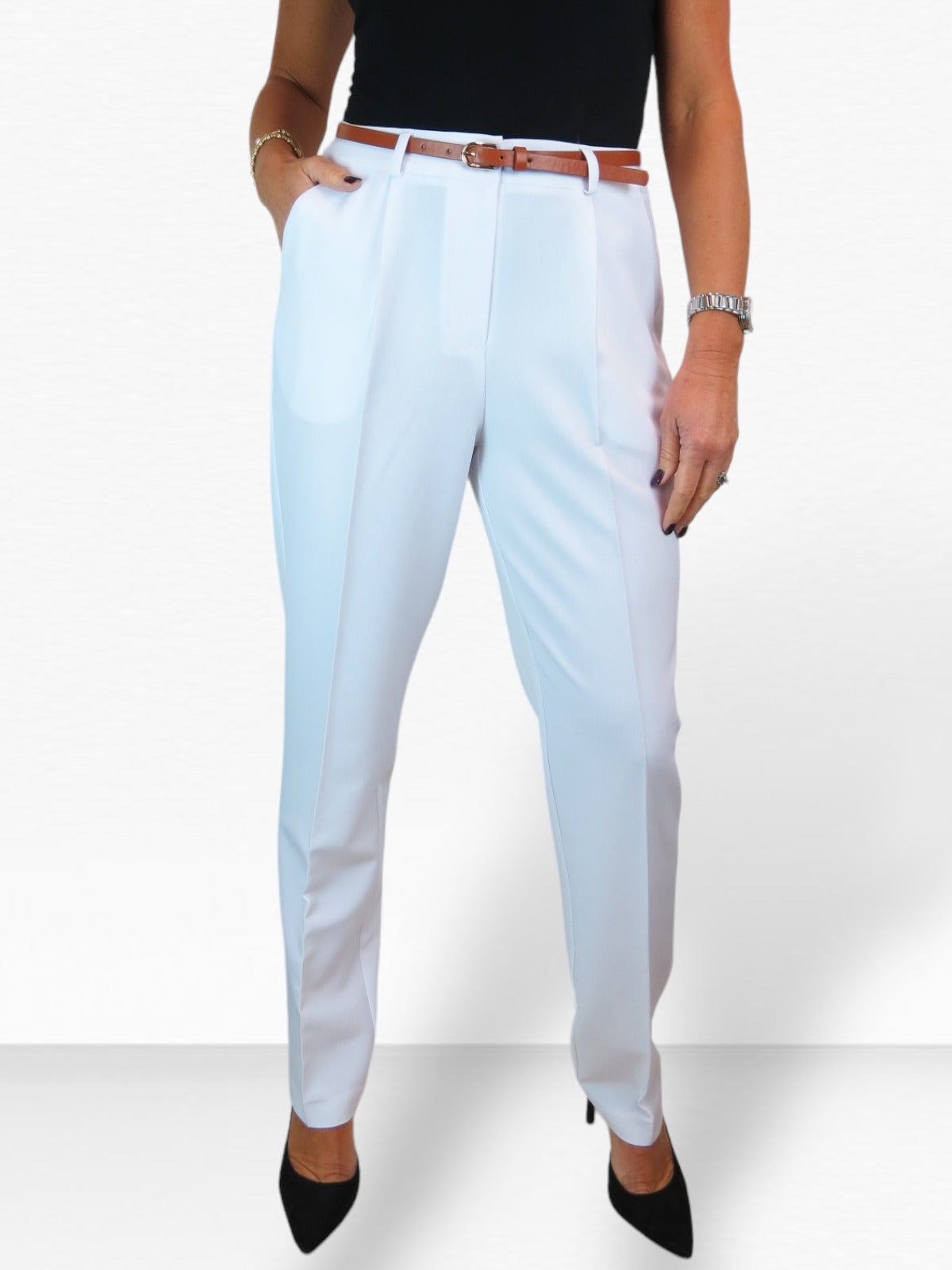 Smart Tapered Leg Pleated Trousers White