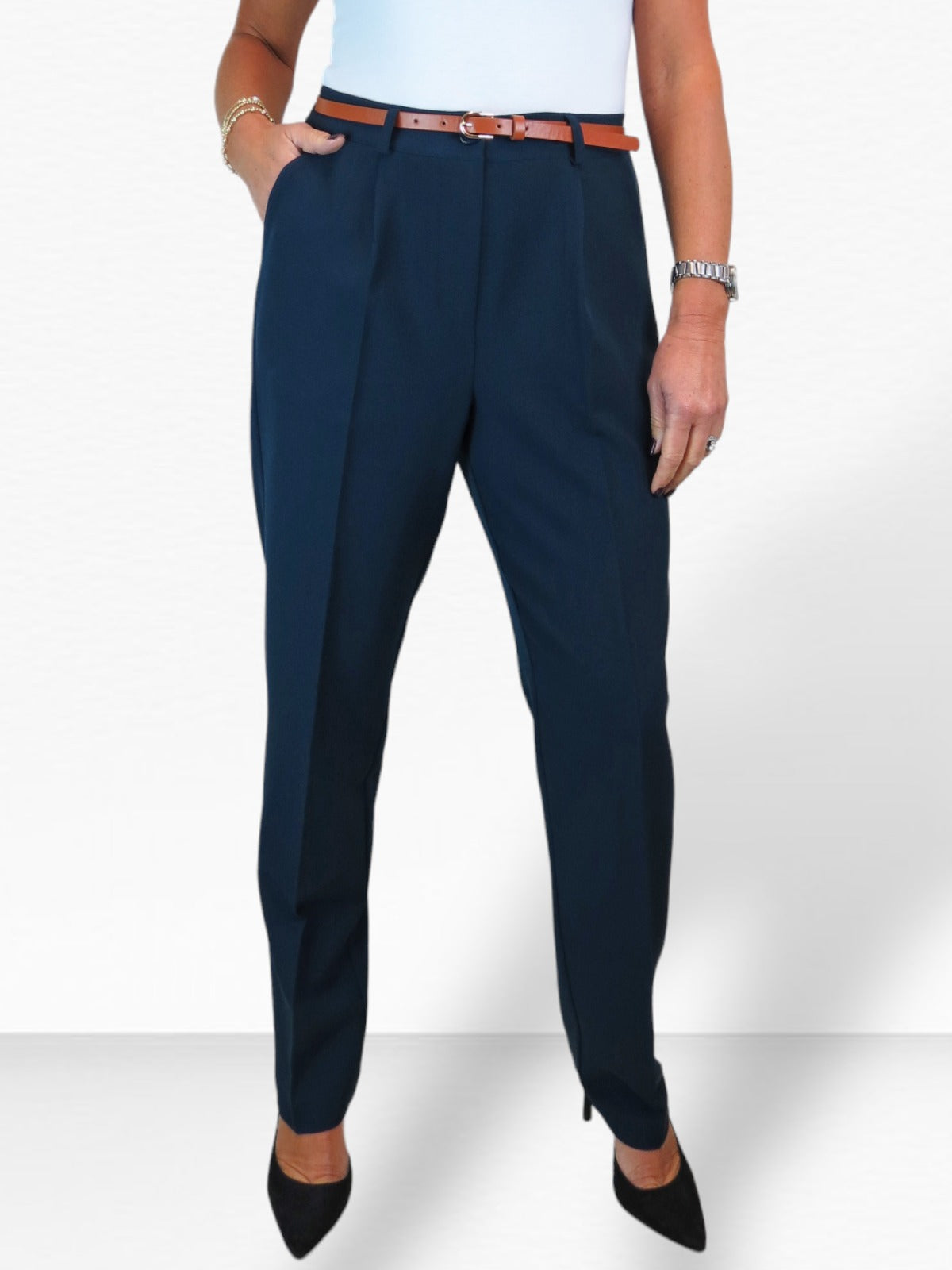 Smart Tapered Leg Pleated Trousers Navy Blue