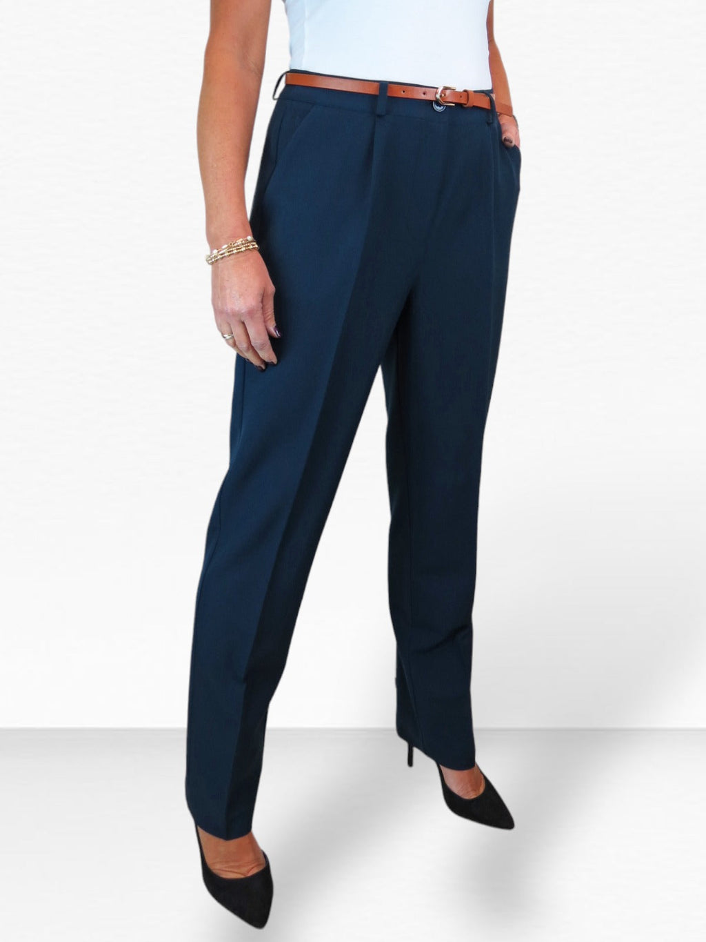 Smart Tapered Leg Pleated Trousers Navy Blue