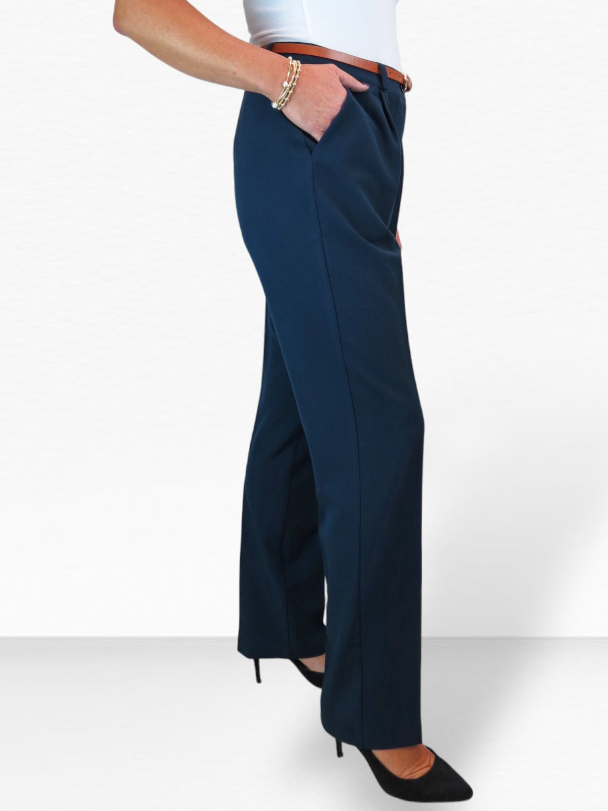 Smart Tapered Leg Pleated Trousers Navy Blue