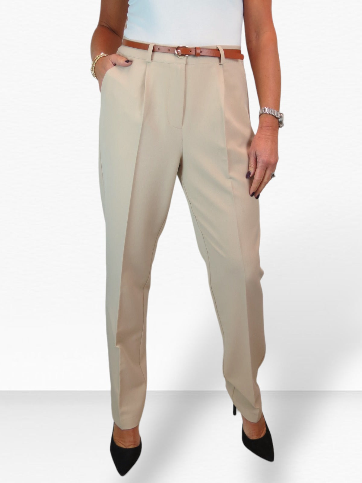 Smart Tapered Leg Pleated Trousers Beige
