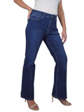 Womens Flared Jeans with Pintuck Seam Detail Denim Dark Blue Faded