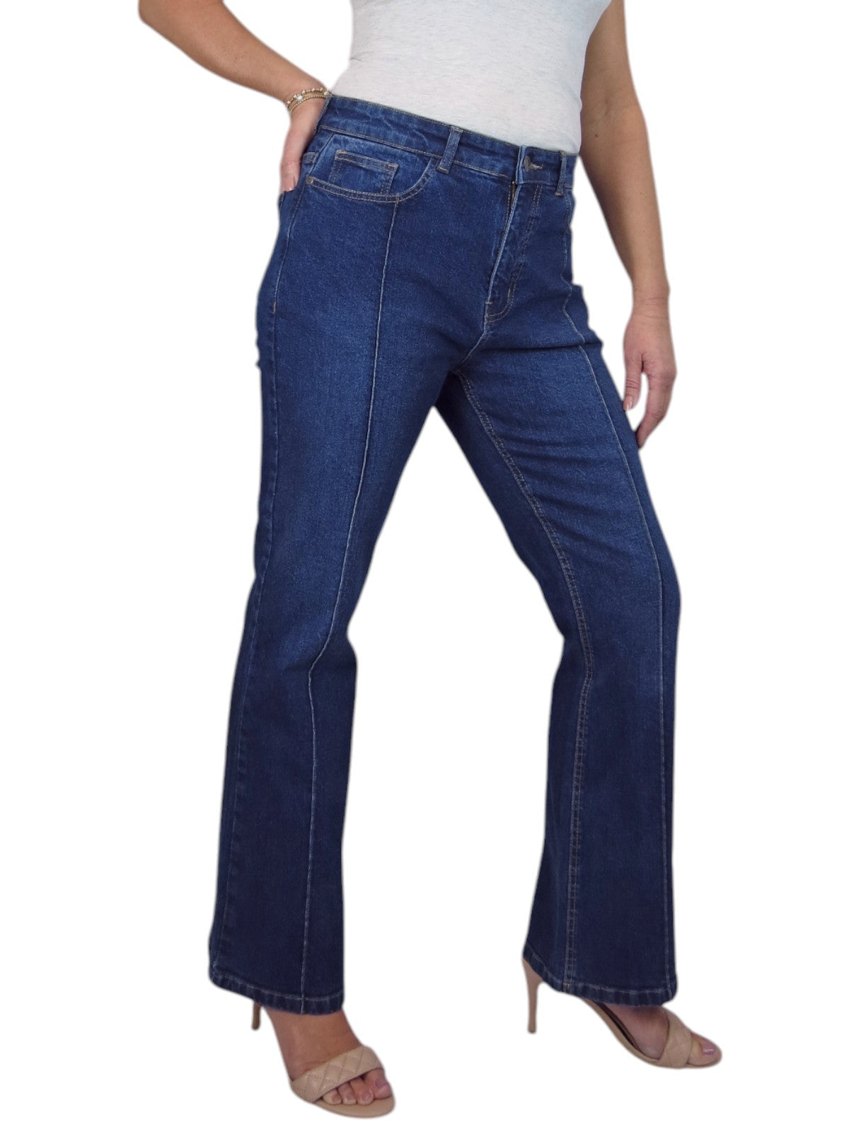 Womens Flared Jeans with Pintuck Seam Detail Denim Dark Blue Faded