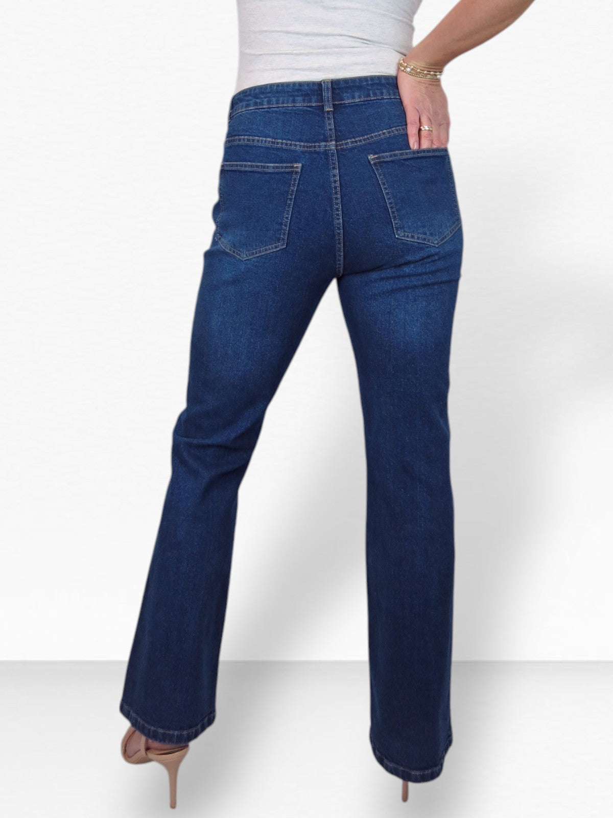 Womens Flared Jeans with Pintuck Seam Detail Denim Dark Blue Faded