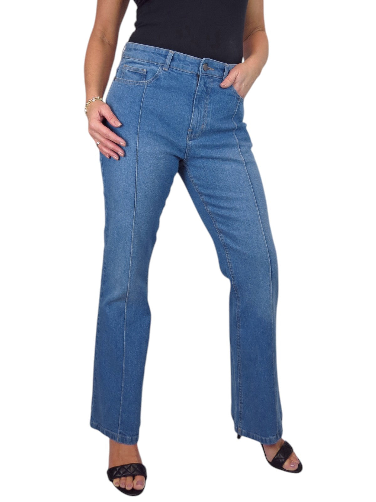 Womens Flared Jeans with Pintuck Seam Detail Denim Mid Blue Faded