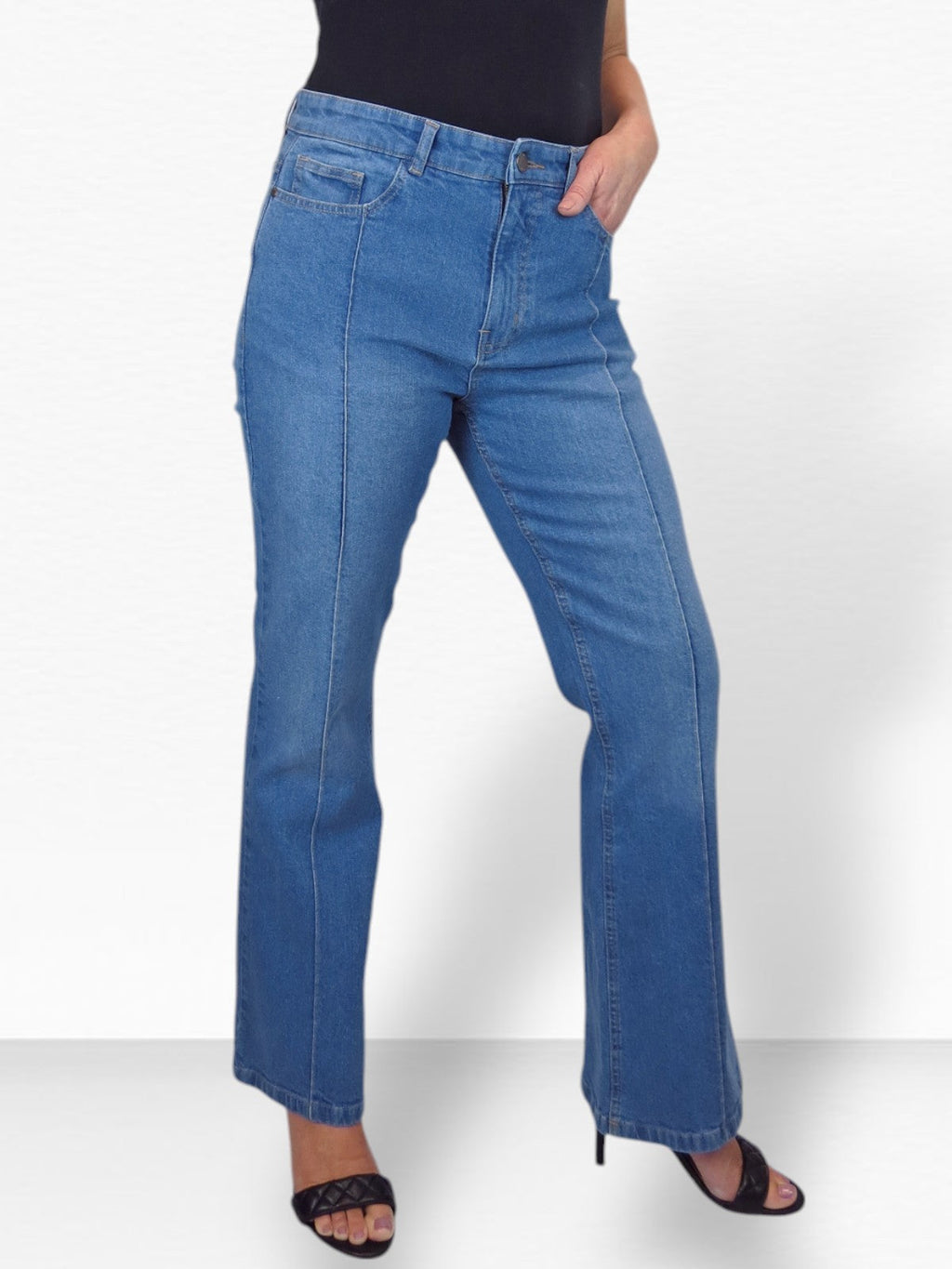 Womens Flared Jeans with Pintuck Seam Detail Denim Mid Blue Faded