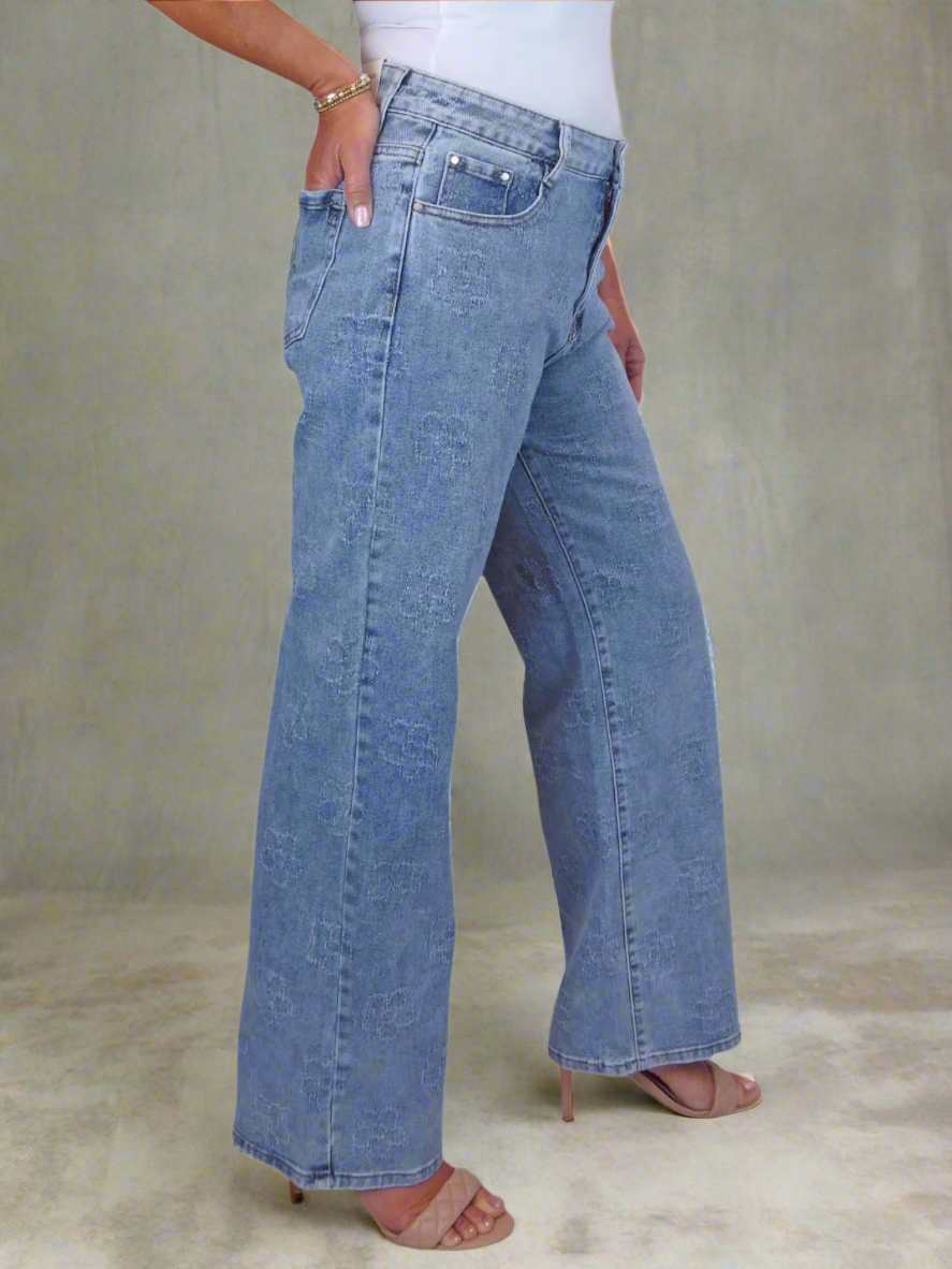 Womens Floral Stitch Design Wide Leg Denim Jeans