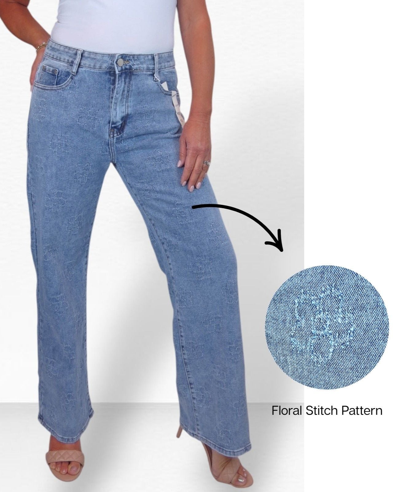 Womens Floral Stitch Design Wide Leg Denim Jeans