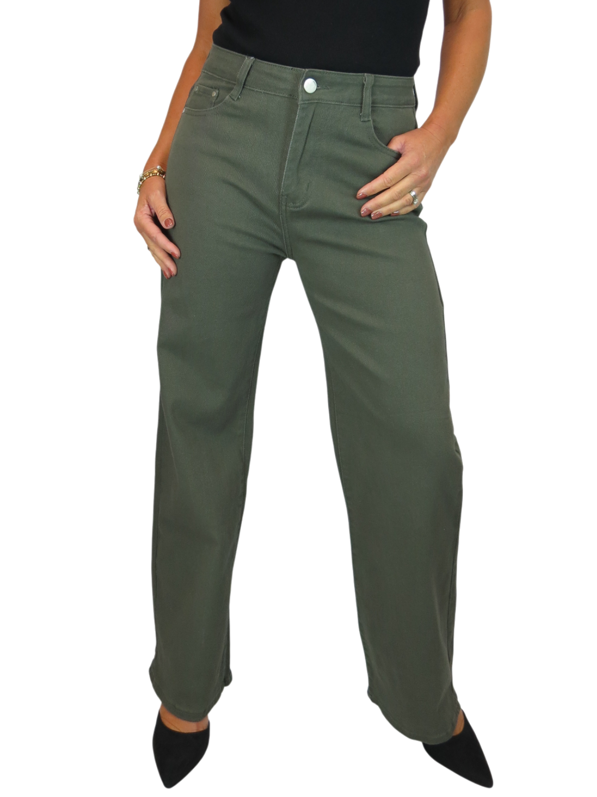 Wide Leg High Waist Jeans Khaki Green