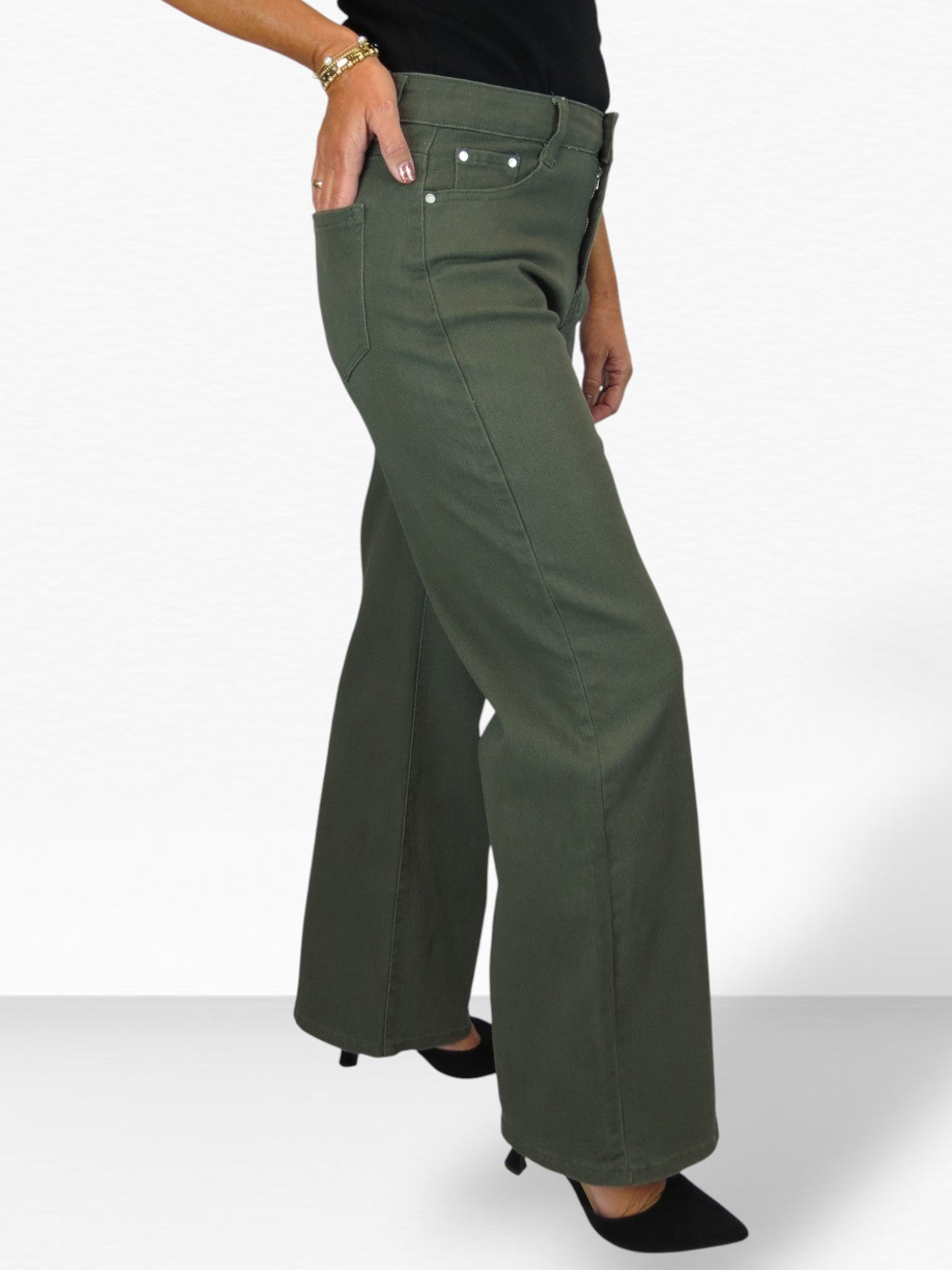 Wide Leg High Waist Jeans Khaki Green