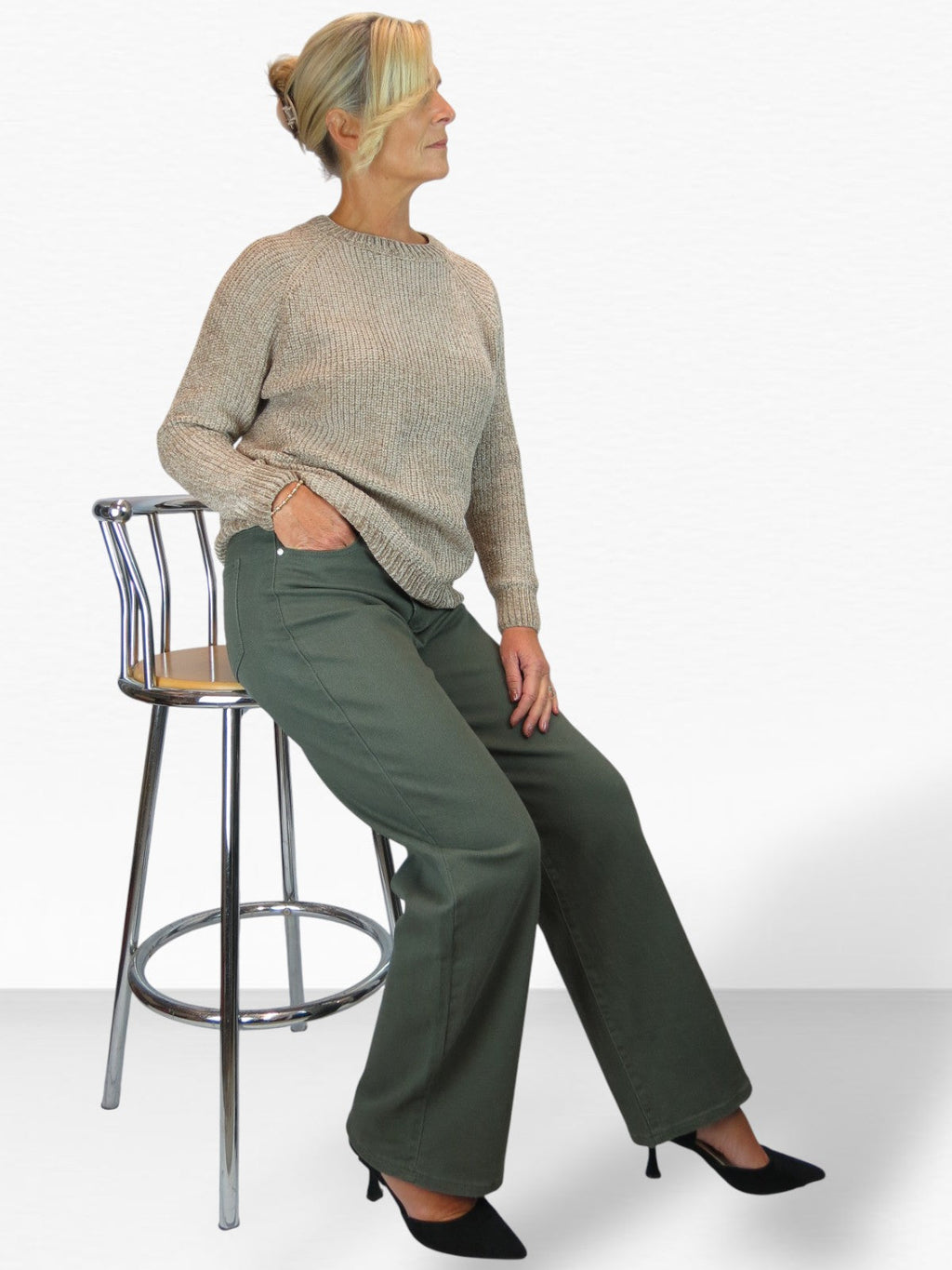 Wide Leg High Waist Jeans Khaki Green