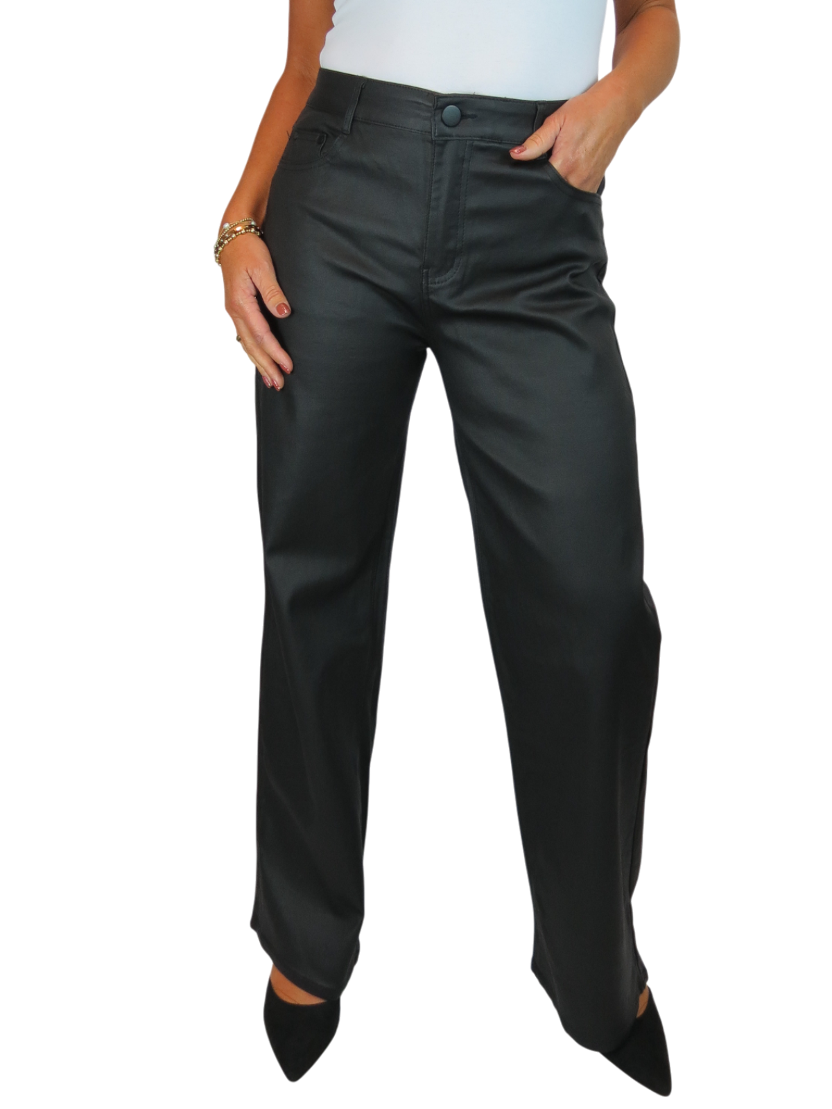 Wide Leg Coated Leather Look Jeans Black
