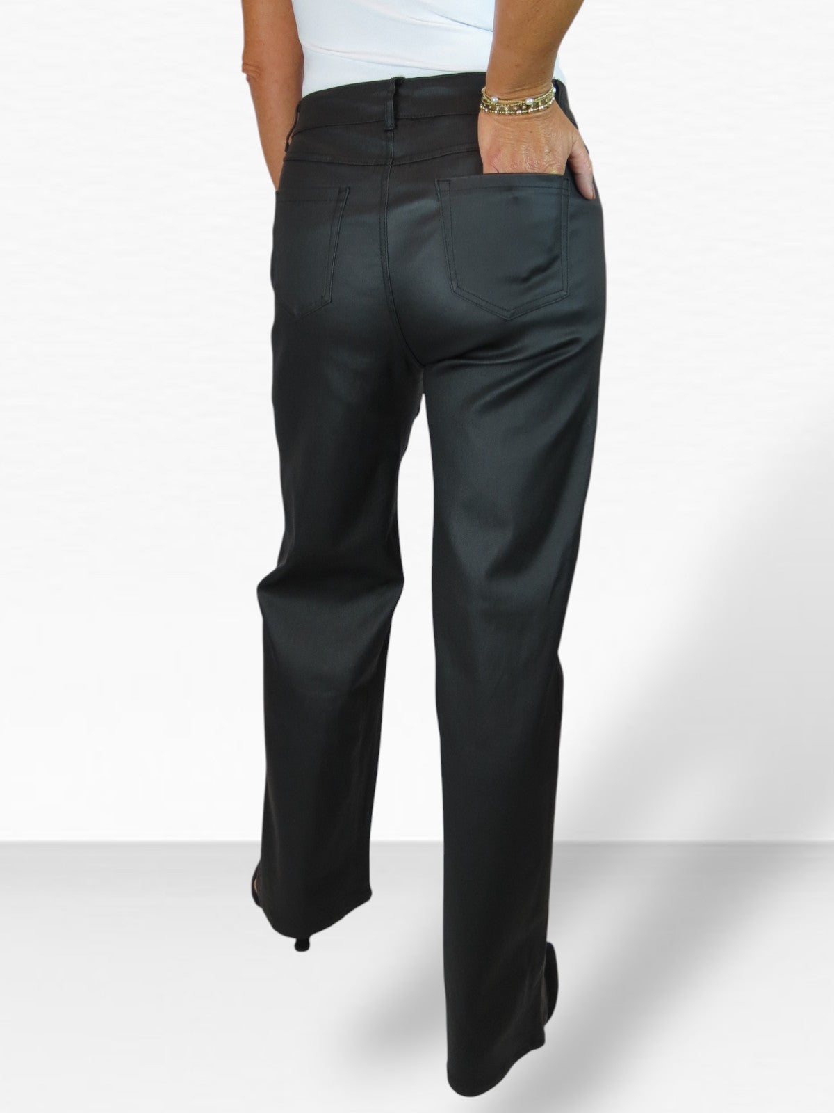 Wide Leg Coated Leather Look Jeans Black