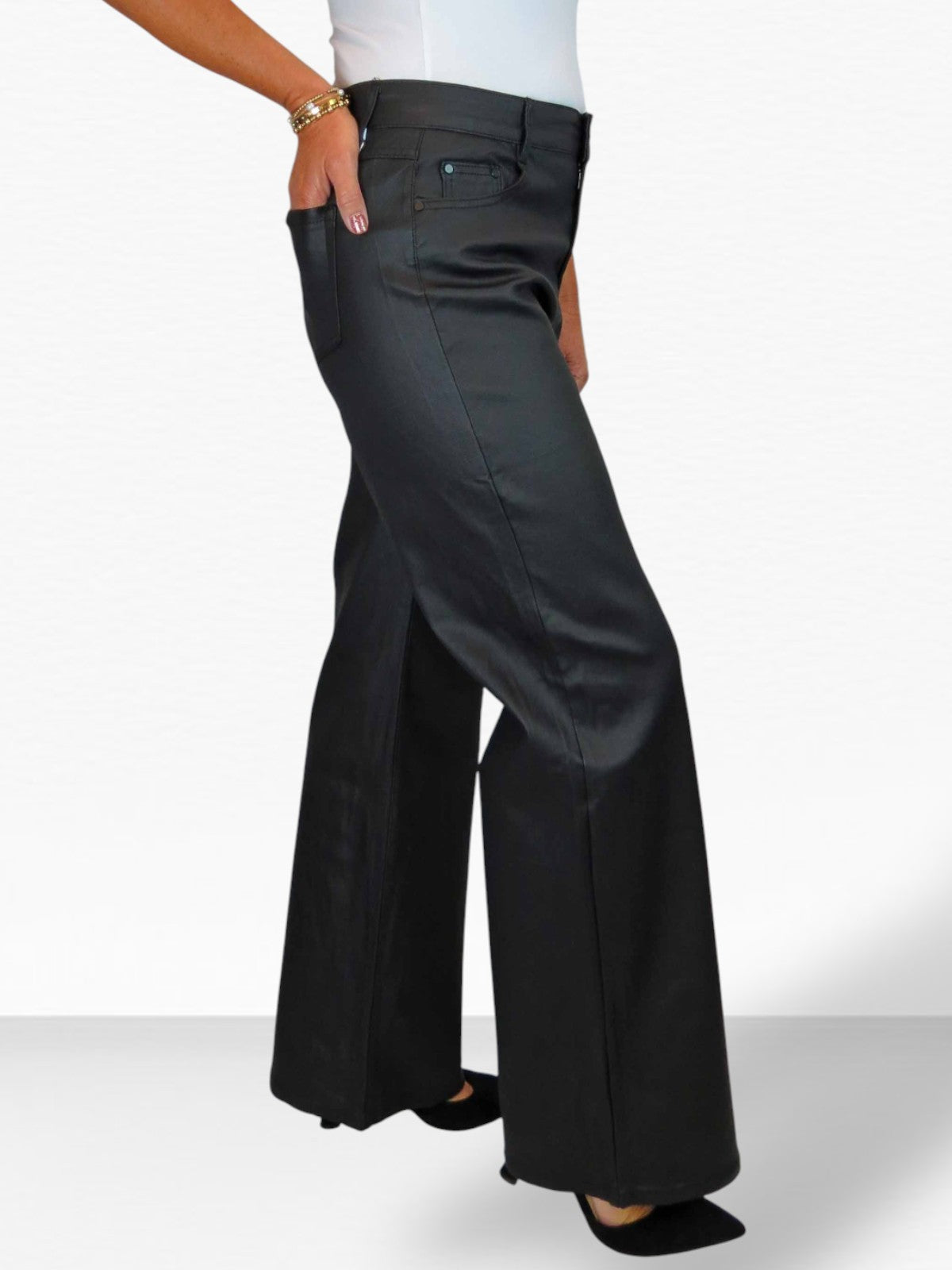 Wide Leg Coated Leather Look Jeans Black