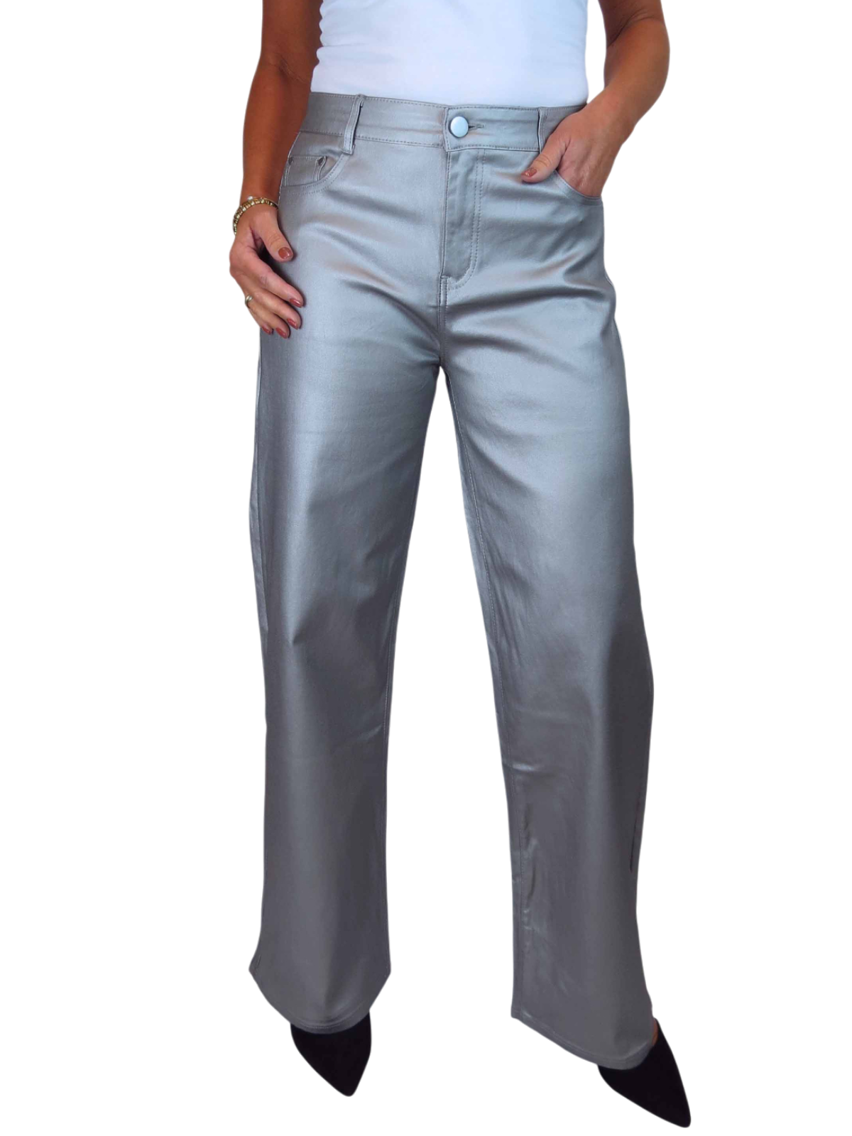 Wide Leg Coated Leather Look Jeans Silver