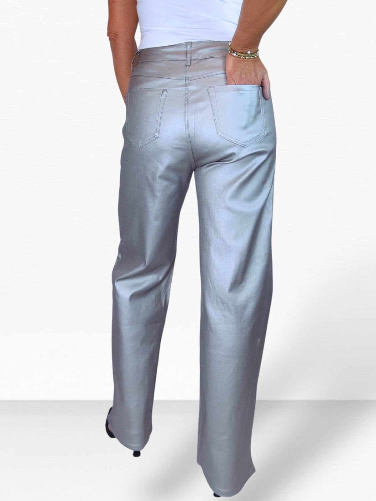 Wide Leg Coated Leather Look Jeans Silver
