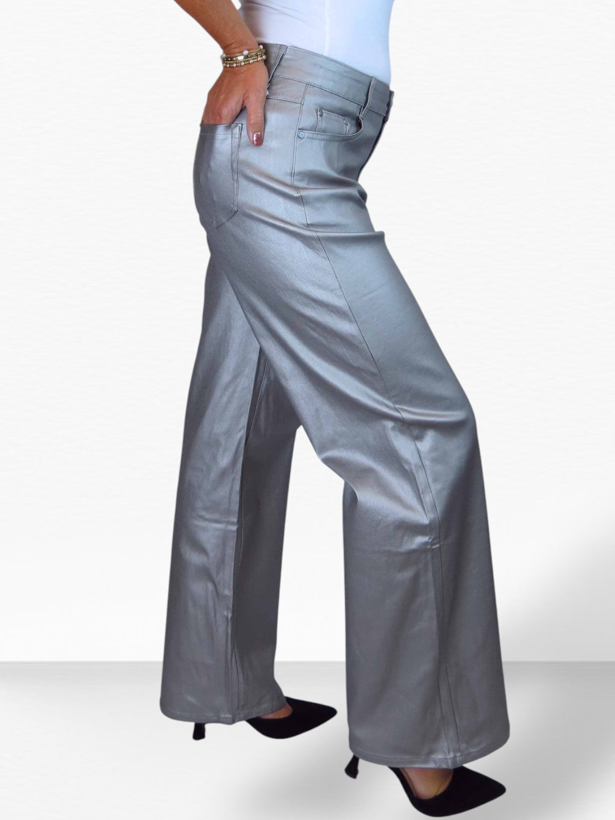 Wide Leg Coated Leather Look Jeans Silver